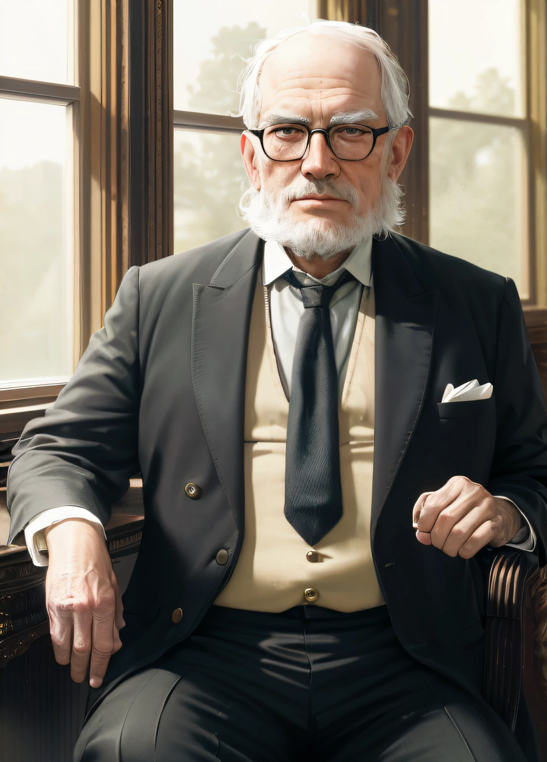 hay un hombre sentado en una silla con traje y corbata, retrato épico y elegante, inspirado por el artista de personajes senior, Artista senior de render 3d, Ropa de profesora, Retrato de Sigmund Freud, arte conceptual ultra realista, retrato cinematográfico realista, un viejo, Renderizado de retratos en 8k, Coronel Sanders, retrato de alta calidad, un retrato del personaje