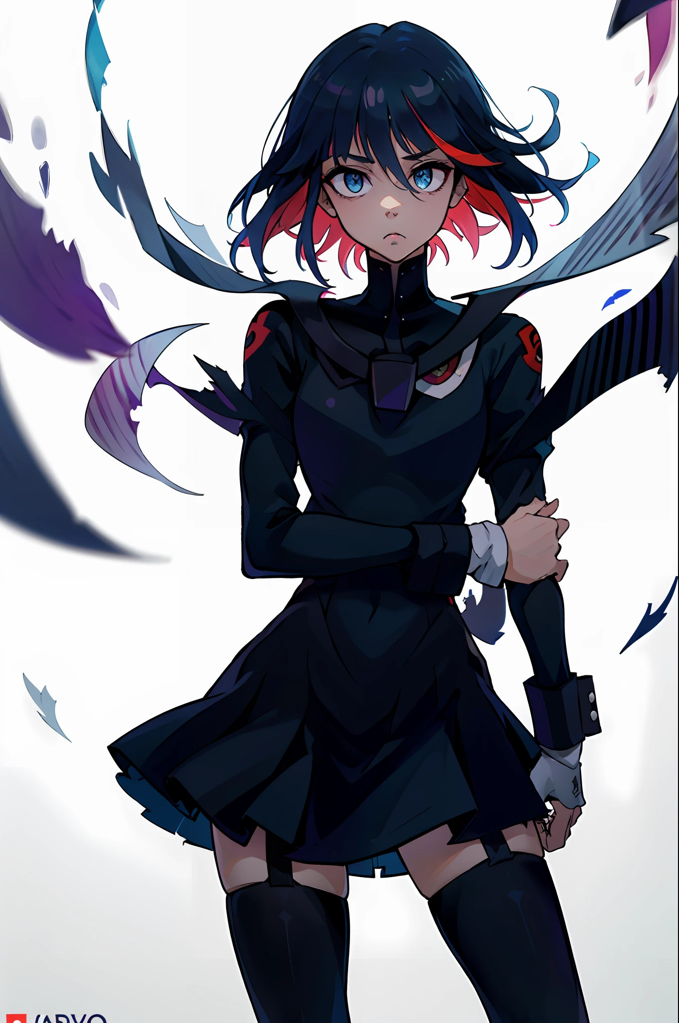 absurderes, best quality, androgynous, standing alone, Looking at Viewer, Chrona, Matoi Ryuko, Anarchy Stocking, (Jumpy:1), (scared:0.75), (hand on own arm:0.5), Cufflinks,  hair between the eyes, black gown, cabelo roxo, blunt bangs, cloused mouth, hair flaps, long sleeves, pupils of the solid circle, black eyes,