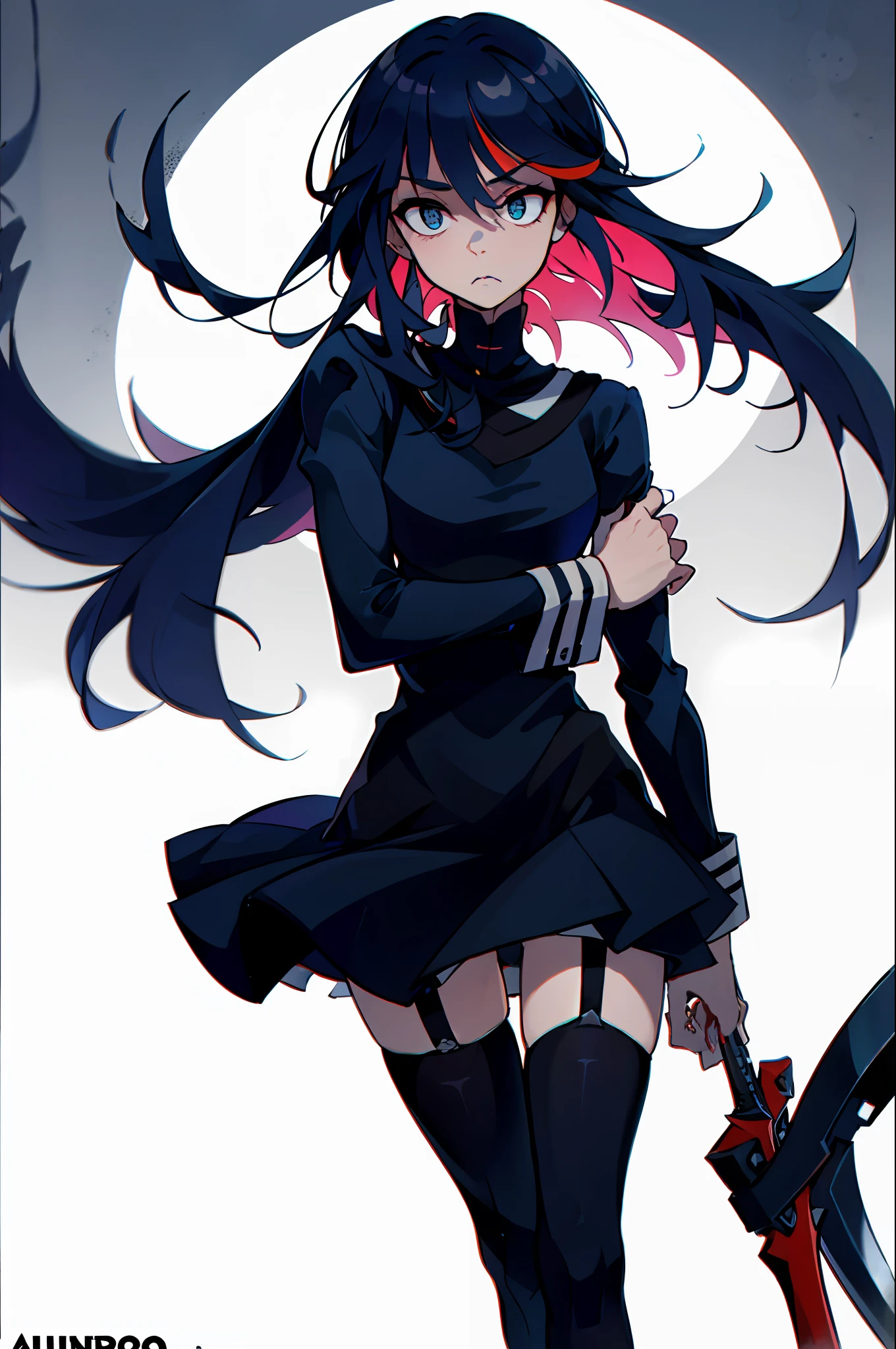 absurderes, best quality, androgynous, standing alone, Looking at Viewer, Chrona, Matoi Ryuko, Anarchy Stocking, (Jumpy:1), (scared:0.75), (hand on own arm:0.5), Cufflinks,  hair between the eyes, black gown, cabelo roxo, blunt bangs, cloused mouth, hair flaps, long sleeves, pupils of the solid circle, black eyes,