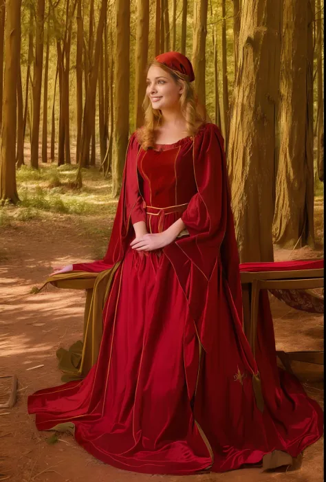 Mulher em um vestido vermelho sentada em um banco em uma floresta, princesa medieval, vestes medievais, traje medieval, vestido real ornamentado, vestindo roupas medievais, roupas medievais, roupas medievais, vestido medieval. bruxa, estilo medieval, desga...