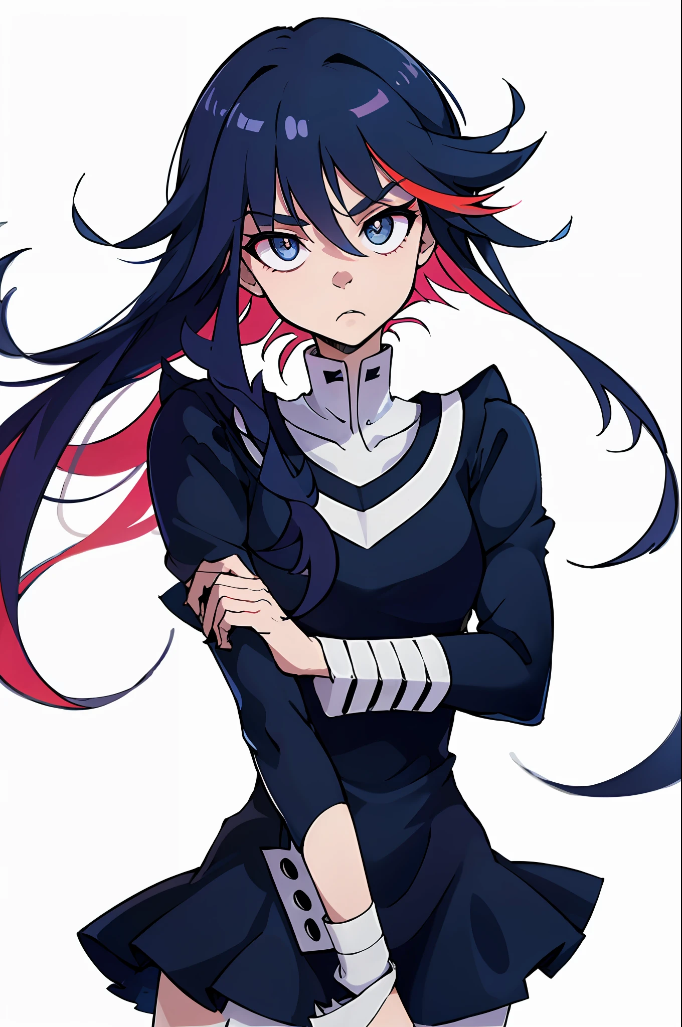 absurderes, best quality, androgynous, standing alone, Looking at Viewer, Chrona, Matoi Ryuko, Anarchy Stocking, (Jumpy:1), (scared:0.75), (hand on own arm:0.5), Cufflinks, hair between the eyes, fringes, black gown, cabelo roxo, Bblack hair, pink  hair, multicolored hair, blunt bangs, cloused mouth, hair flaps, long sleeves, pupils of the solid circle, black eyes, blue colored eyes, violet eyes, stocking, simple background