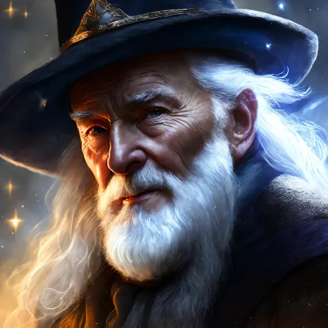 wizard, close up shot, old man, white hair, magic, cinematic, painting