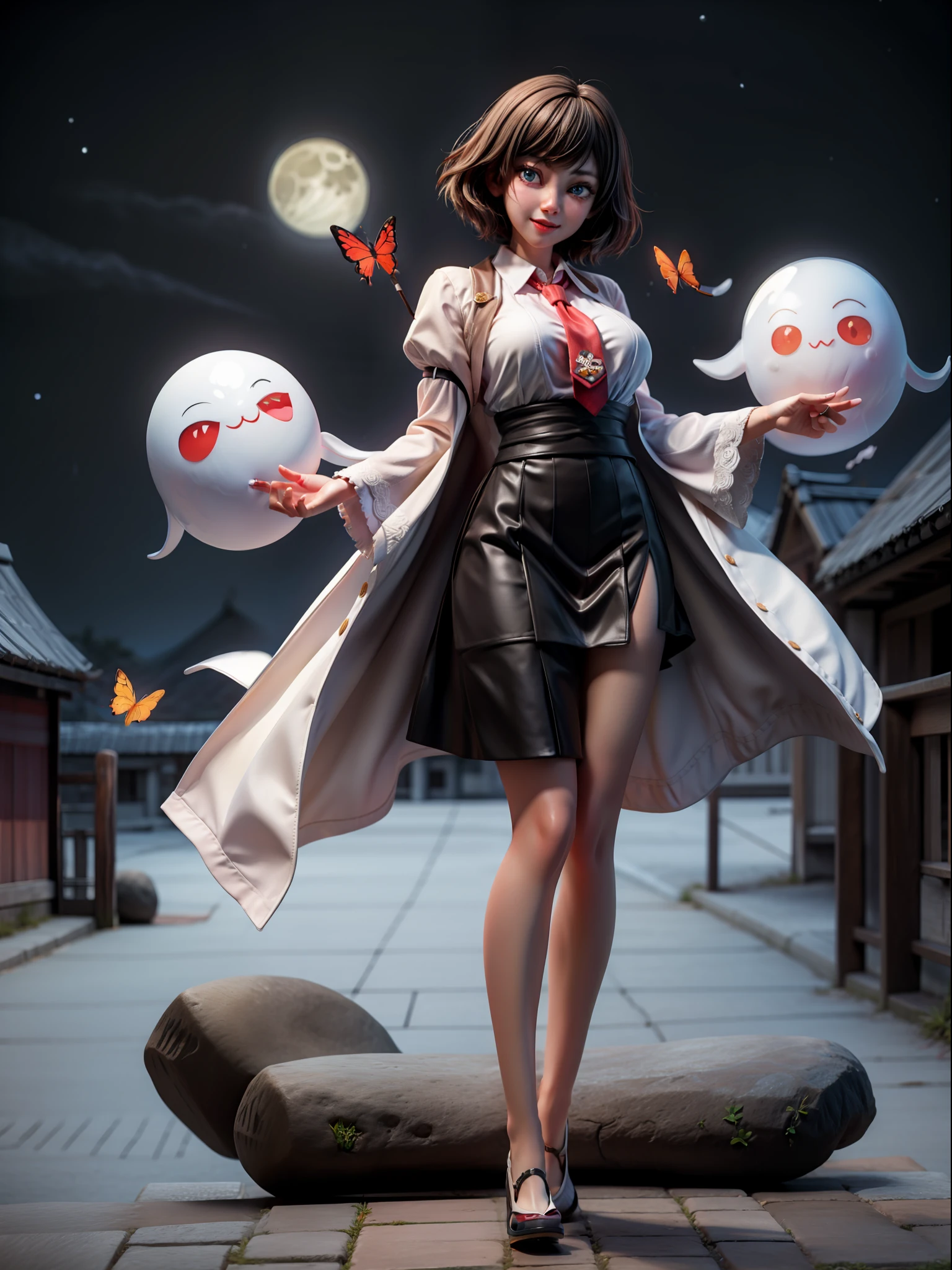 {((1 woman))}, {((wearing school suit with red skewer with tie, short black skirt, white stockings)), ((extremely large breasts)), ((very short black hair, blue eyes)) looking at the viewer, smiling, very happy, ((exhibitionist pose leaning back)), ((in an ancient Japanese ghost town, ghosts shadowing it, ghosts flying, night, just a full moon in the sky))}, (Fatal Frame Crimson Butterfly), ((full body, standing):1.5), 16k, best quality, best resolution, best sharpness, ultra detailed,