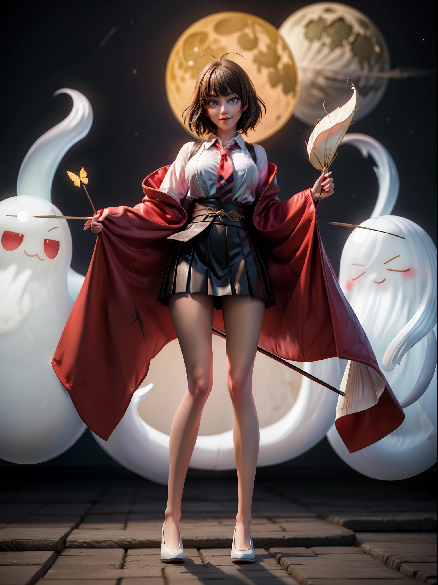 {((1 woman))}, {((wearing school suit with red skewer with tie, short black skirt, white stockings)), ((extremely large breasts)), ((very short black hair, blue eyes)) looking at the viewer, smiling, very happy, ((exhibitionist pose leaning back)), ((in an ancient Japanese ghost town, ghosts shadowing it, ghosts flying, night, just a full moon in the sky))}, (Fatal Frame Crimson Butterfly), ((full body, standing):1.5), 16k, best quality, best resolution, best sharpness, ultra detailed,