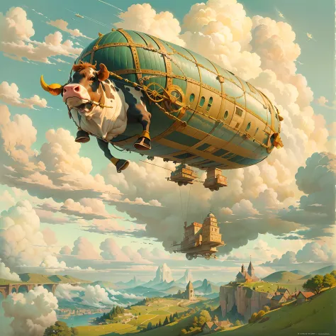 (((melhor qualidade)) Cow-shaped airship (((cow flying in the sky))), Sky with fluffy clouds, sharp foccus ilustration, finely d...