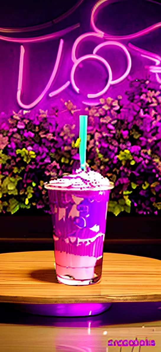 purple neon sign above a cup of ice cream with a straw, Directed by: Matteo Pérez, purple liquid in bright cup, colored milk tea, by Amelia Peláez, milkshake, cores mate, fosco, Directed by: Matthias Ferré Palace, iced latte, Lama)), sorvete ao lado, roxo bebeu, malte, by Gina Pellón