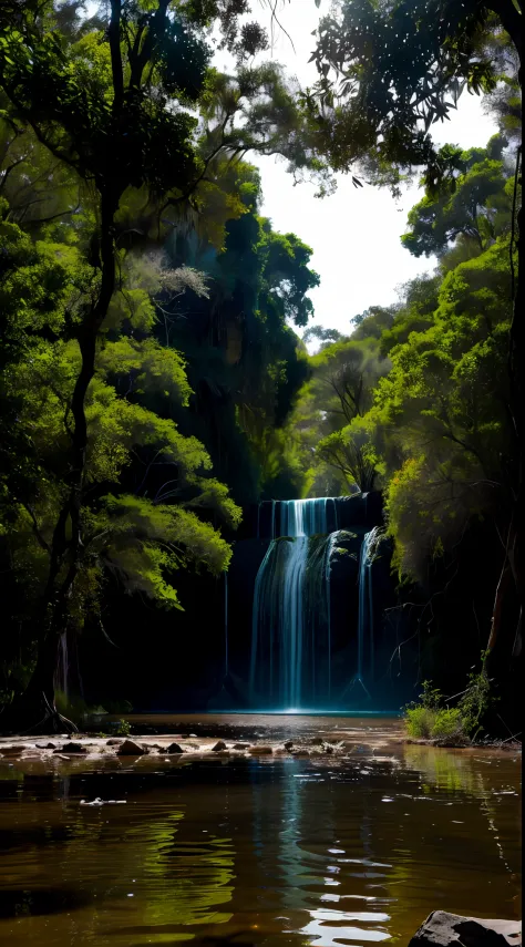 Masterpiece, dslr professional accurate photography, una gran cascada cae hasta  una gran laguna de color turquesa con agua tran...