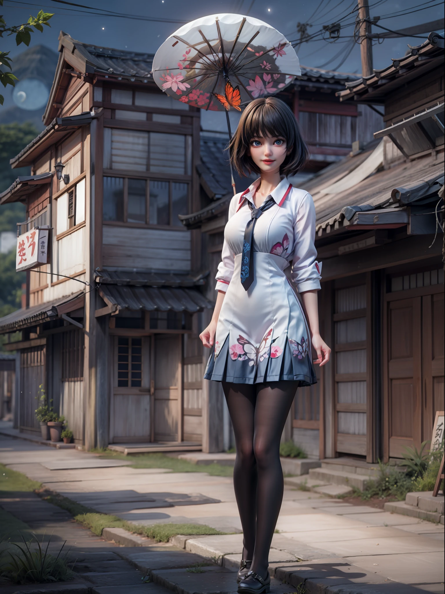 {((1 woman))}, {((wearing school suit with red skewer with tie, short black skirt, white stockings)), ((extremely large breasts)), ((very short black hair, blue eyes)) looking at the viewer, smiling, very happy, ((exhibitionist pose leaning back)), ((in an ancient Japanese ghost town, ghosts shadowing it, ghosts flying, night, just a full moon in the sky))}, (Fatal Frame Crimson Butterfly), ((full body, standing):1.5), 16k, best quality, best resolution, best sharpness, ultra detailed,