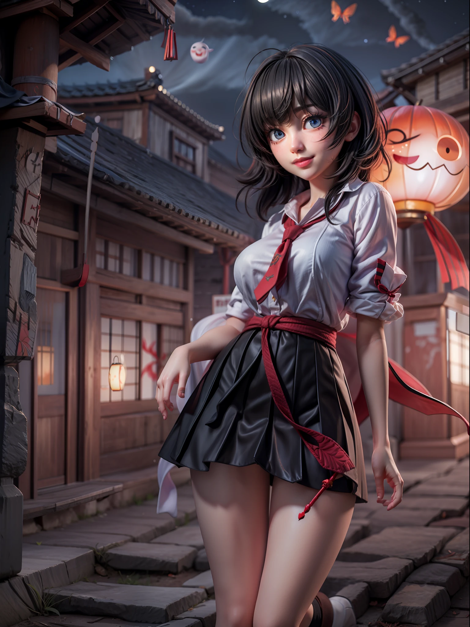 {((1 woman))}, {((wearing school suit with red skewer with tie, short black skirt, white stockings)), ((extremely large breasts)), ((very short black hair, blue eyes)) looking at the viewer, smiling, very happy, ((exhibitionist pose leaning back)), ((in an ancient Japanese ghost town, ghosts shadowing it, ghosts flying, night, just a full moon in the sky))}, (Fatal Frame Crimson Butterfly), ((full body, standing):1.5), 16k, best quality, best resolution, best sharpness, ultra detailed,