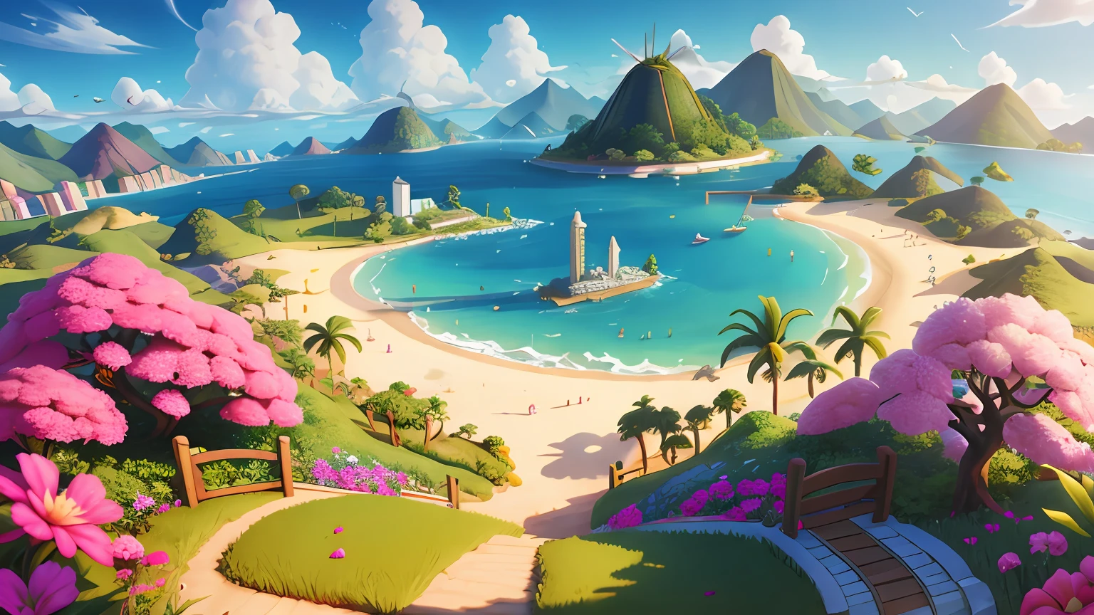 mapa da barbie para jogo fortnite, mapa rosa, mapa cor-de-rosa, flores, oceano, ilha, rio, Architectural design of the game, cidade, rio, flores, estilo de jogo casual, 3d, obra-prima, super detalhe, melhor qualidade, ilha da barbie, brilho, barbie