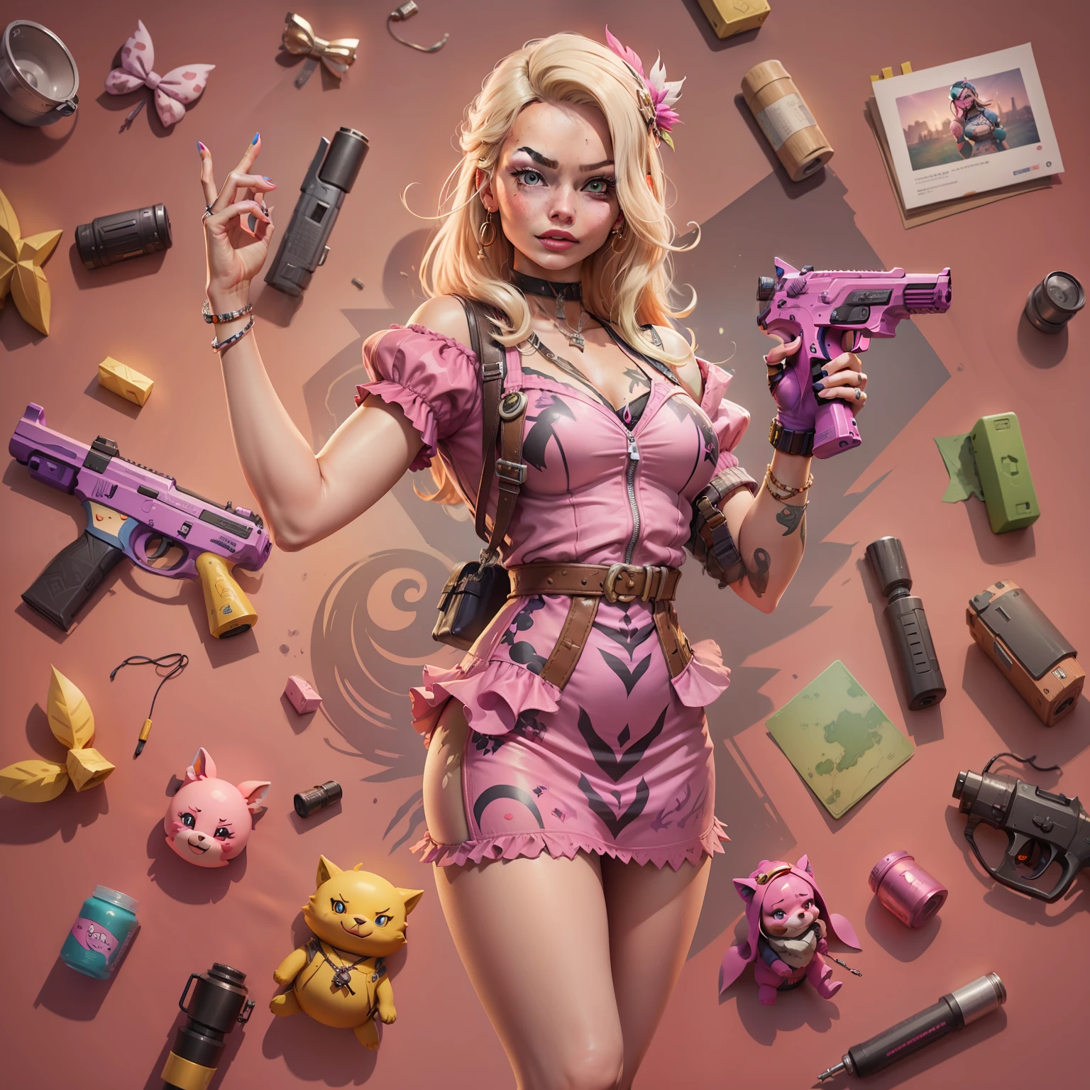 Margot Robbie como Barbie en la estética del juego Fortnite., Llevar un vestido rosa con encaje, tacones altos, sosteniendo un pico rosa y una pistola amarilla, , No utilices la sexualización, Ropa despojada, El splash art oficial de Barbie en Fortnite, Mapa del juego Fortnite como fondo.