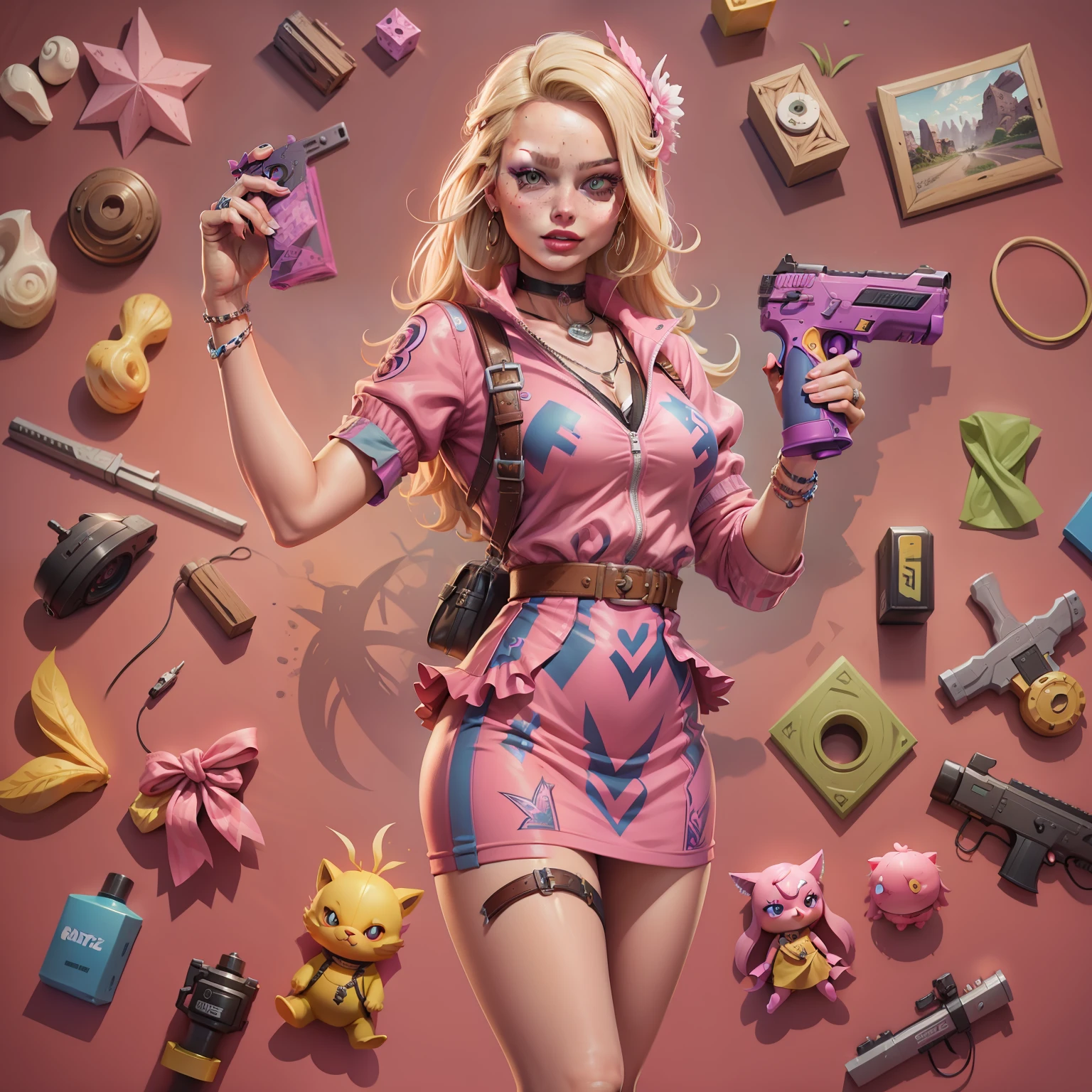 Margot Robbie as Barbie in the Fortnite Game Aesthetics, verstindo um vestido rosa com renda, sapatos de salto alto, segurando uma picareta rosa e uma pistola amarela, peitos pequenos, Do not use sexualization, roupas despojadas, splash art oficial da barbie no fortnite, mapa do jogo fortnite como fundo.