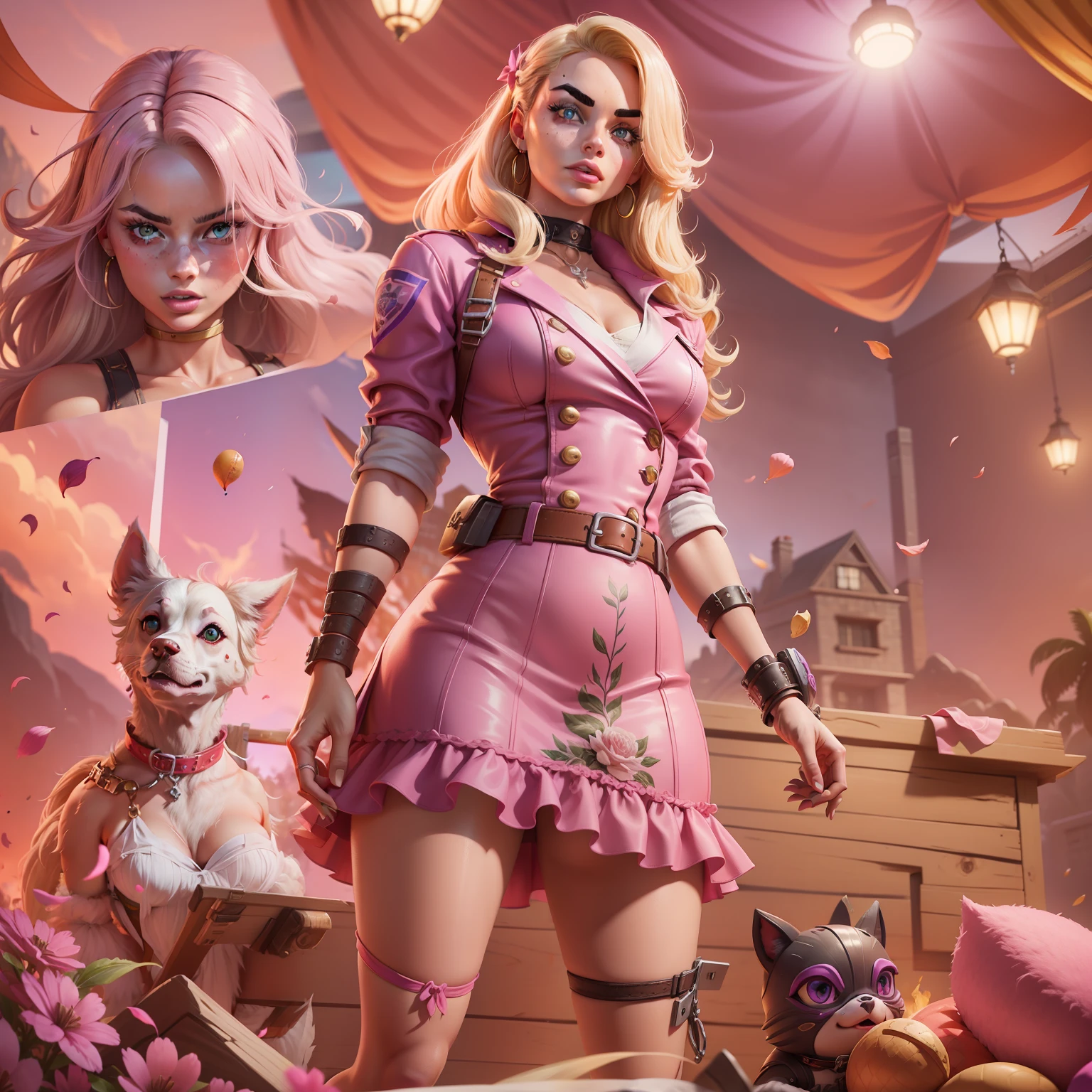 Margot Robbie as Barbie in the Fortnite Game Aesthetics, verstindo um vestido rosa com renda, sapatos de salto alto, segurando uma picareta rosa e uma pistola amarela, peitos pequenos, Do not use sexualization, roupas despojadas, splash art oficial da barbie no fortnite, mapa do jogo fortnite como fundo.