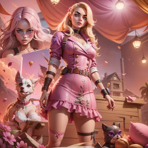 margot robbie as barbie in the fortnite game aesthetics, verstindo um vestido rosa com renda, sapatos de salto alto, segurando u...