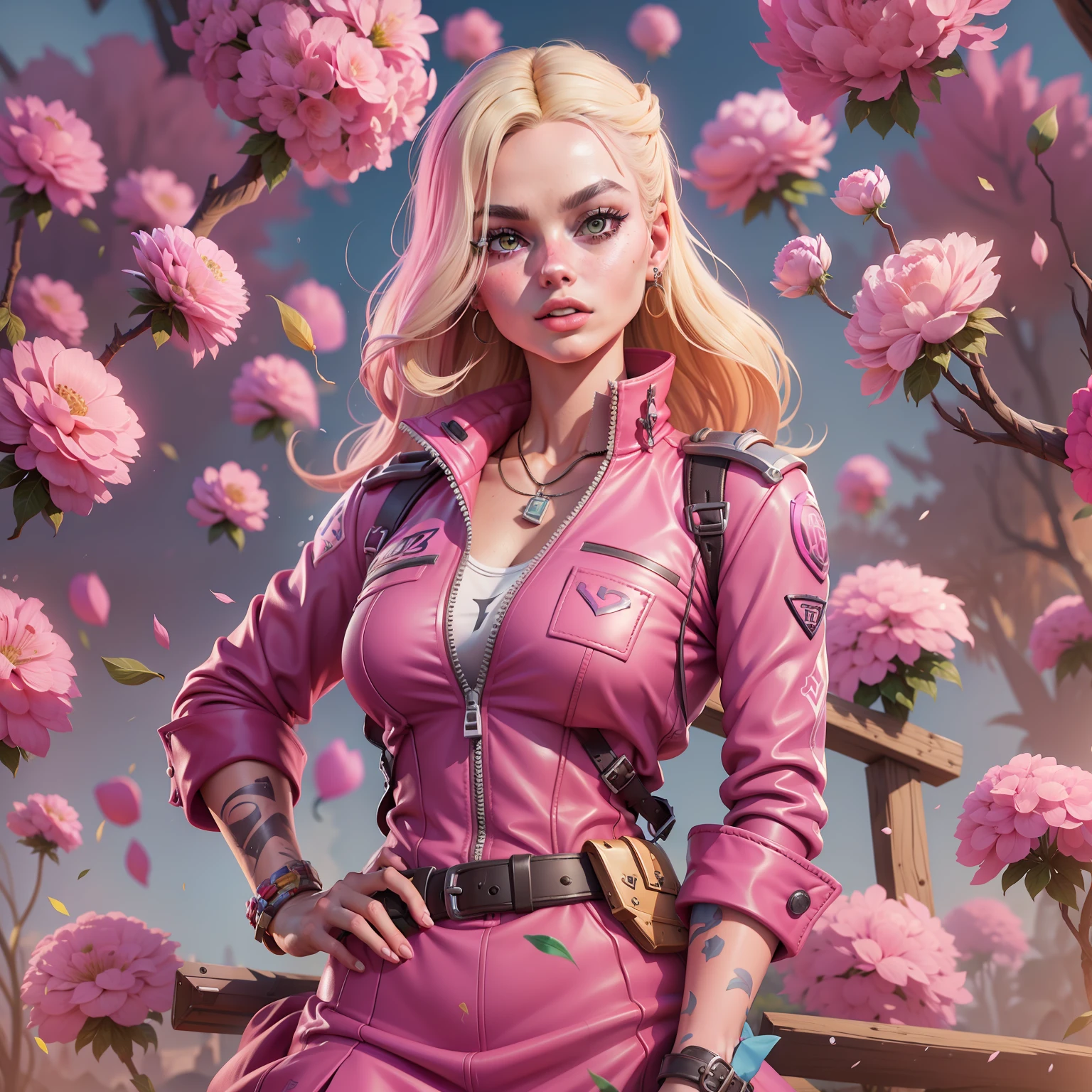 Margot Robbie como Barbie en la estética del juego Fortnite., Con un vestido rosa con encaje y babadinhos, tacones altos, sosteniendo un pico rosa y una pistola amarilla, , No hypersexualization, El splash art oficial de Barbie en Fortnite, Mapa del juego Fortnite como fondo.