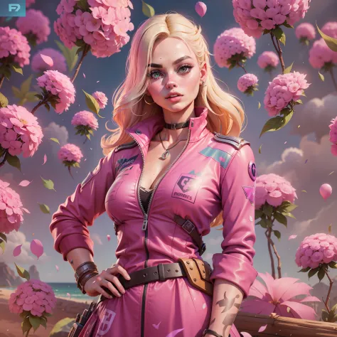 Margot Robbie as Barbie in the Fortnite Game Aesthetics, verstindo um vestido rosa com renda e babadinhos, sapatos de salto alto...
