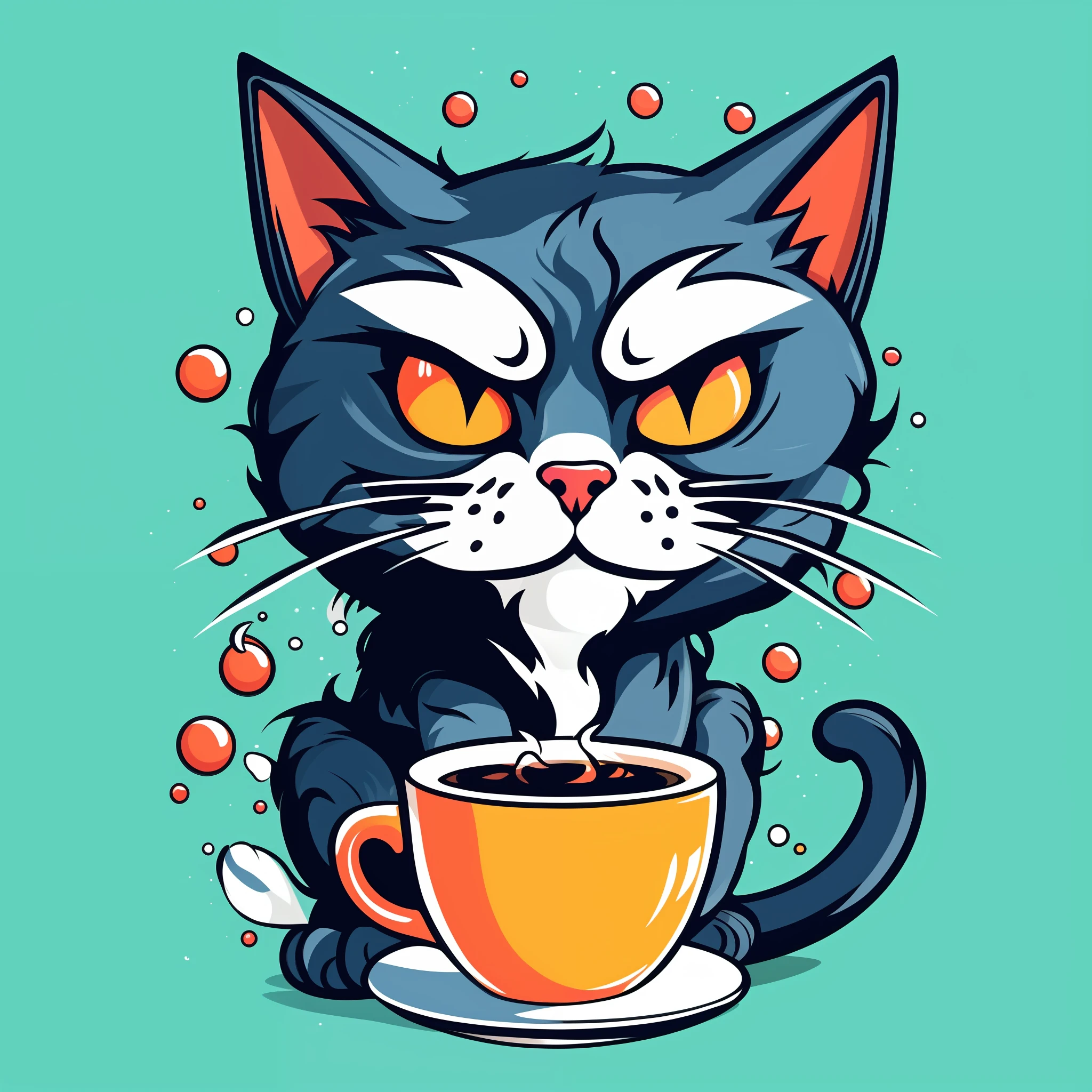 close up a  cat angry and furious sitting in a cup of coffee with a splaty background, t-shirt design, digital artwork, vector art style