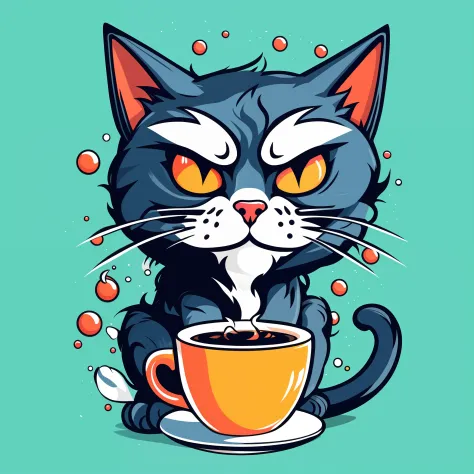close up a  cat angry and furious sitting in a cup of coffee with a splaty background, t-shirt design, digital artwork, vector a...