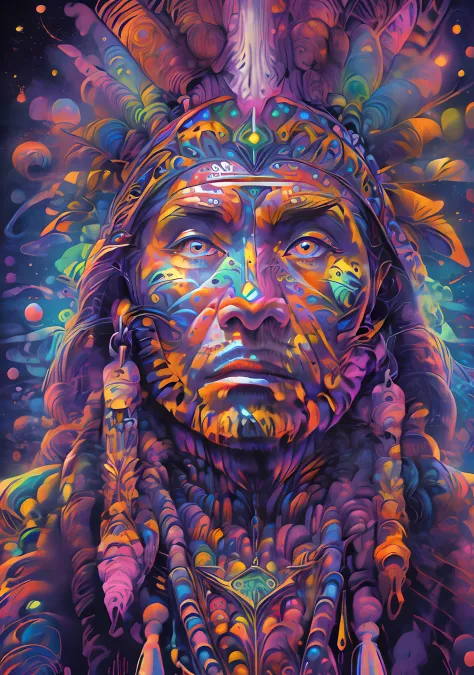 (high resolution, incredibly detailed, masterpiece), portrait of a native american shaman with galaxy in one hand, featuring fra...