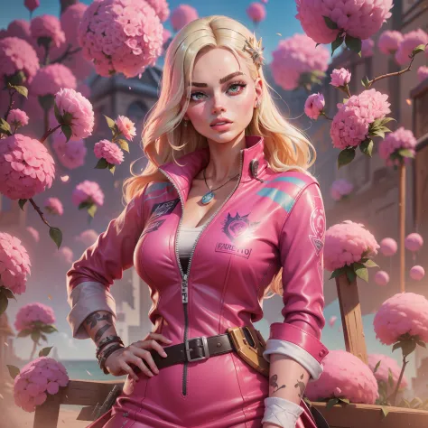 Margot Robbie as Barbie in the Fortnite Game Aesthetics, verstindo um vestido rosa com renda e babadinhos, sapatos de salto alto...