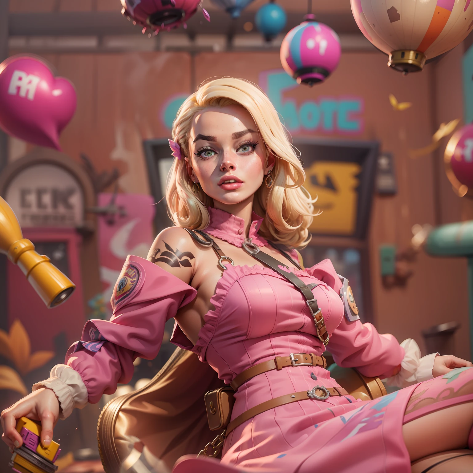 Margot Robbie as Barbie in the Fortnite Game Aesthetics, verstindo um vestido rosa com renda, sapatos de salto alto, segurando uma picareta rosa e uma pistola amarela, peitos pequenos, Do not use sexualization, roupas despojadas, splash art oficial da barbie no fortnite, mapa do jogo fortnite como fundo.