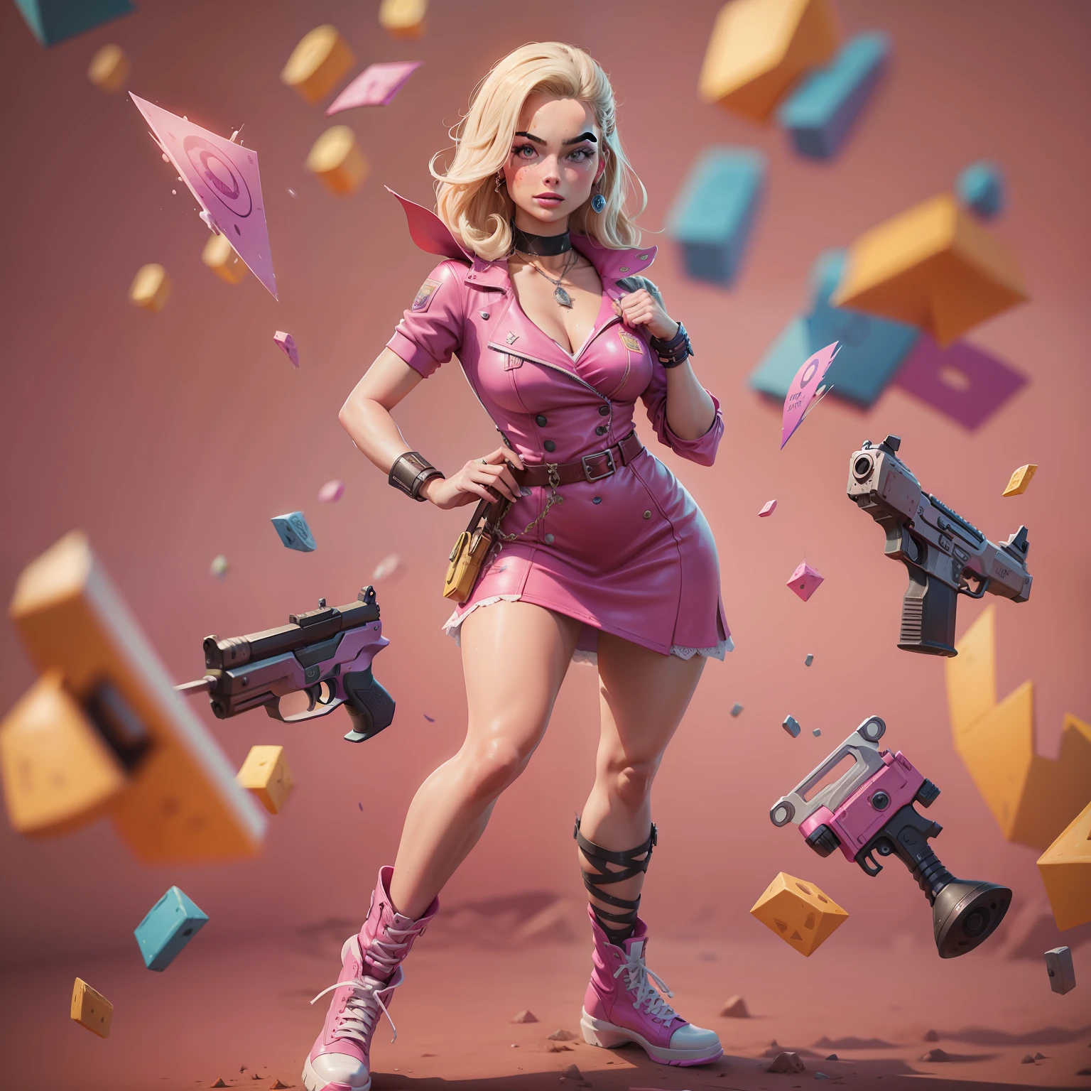 Margot Robbie como Barbie en la estética del juego Fortnite., Llevar un vestido rosa con encaje, tacones altos, sosteniendo un pico rosa y una pistola amarilla, , No utilices la sexualización, Ropa despojada, El splash art oficial de Barbie en Fortnite, Mapa del juego Fortnite como fondo.