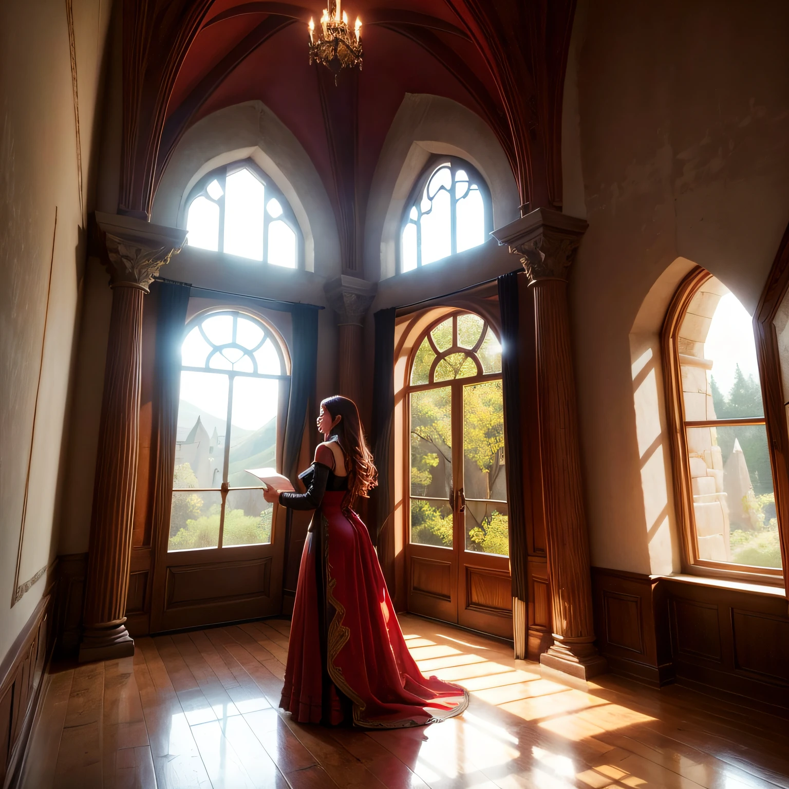 lush red drapes and arch windows interior ancient house of stone walls and light with beautiful sensual woman --auto