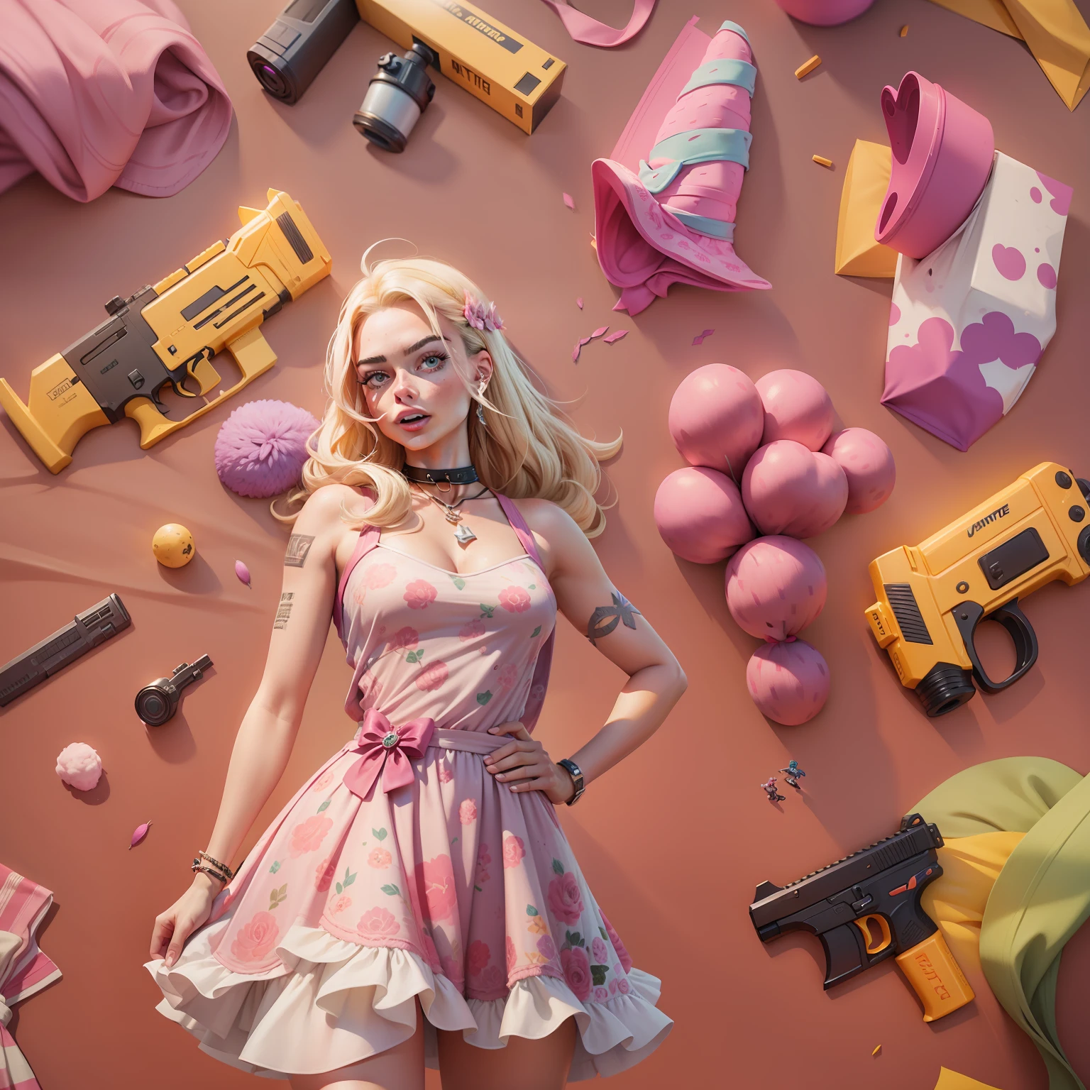 Margot Robbie as Barbie in the Fortnite Game Aesthetics, verstindo um vestido rosa com renda, sapatos de salto alto, segurando uma picareta rosa e uma pistola amarela, peitos pequenos, Do not use sexualization, roupas despojadas, splash art oficial da barbie no fortnite, mapa do jogo fortnite como fundo.