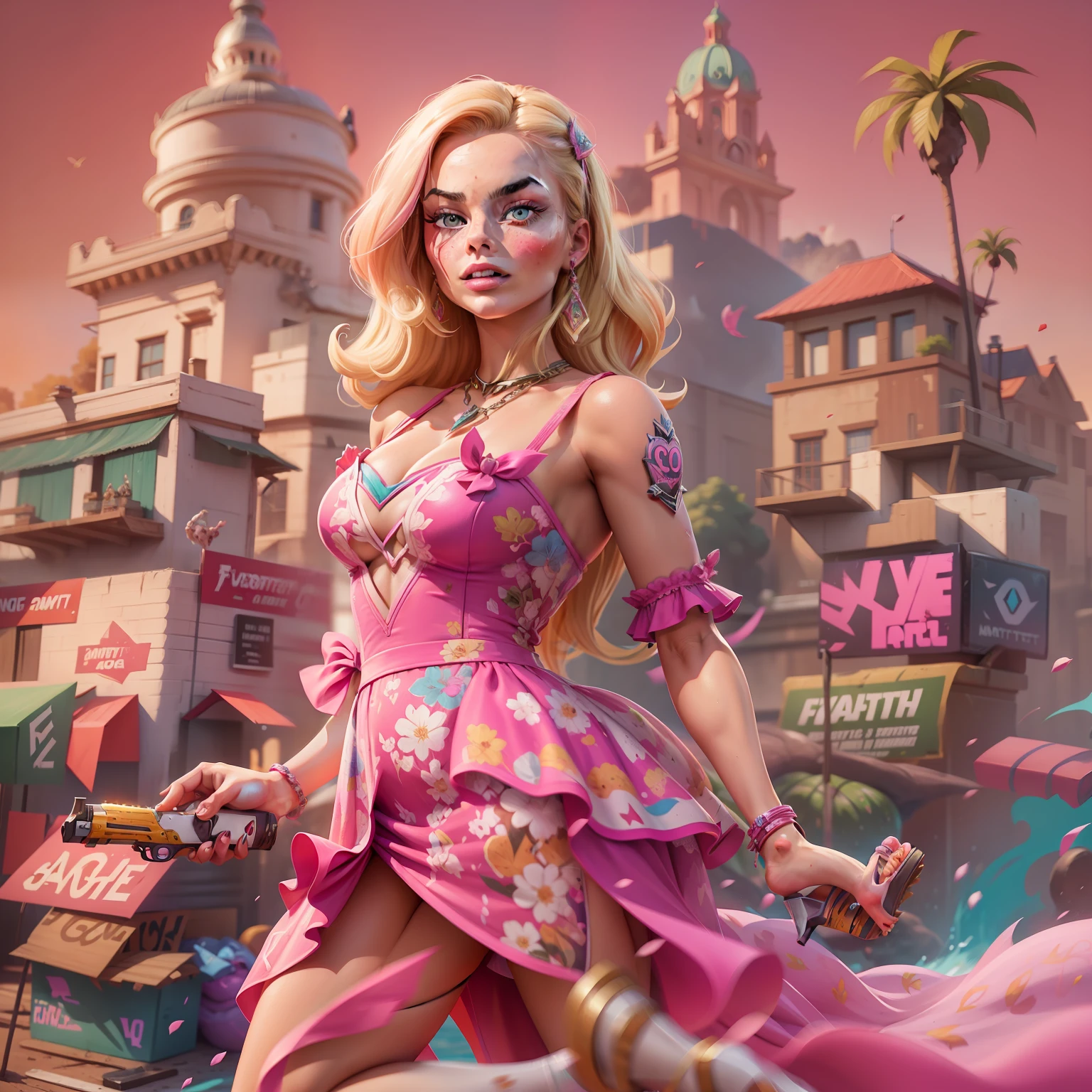 Margot Robbie como Barbie en la estética del juego Fortnite., Llevar un vestido rosa con encaje, tacones altos, sosteniendo un pico rosa y una pistola amarilla, , No hypersexualization, El splash art oficial de Barbie en Fortnite, Mapa del juego Fortnite como fondo.