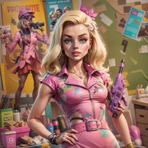 Margot Robbie as Barbie in the Fortnite Game Aesthetics, verstindo um vestido rosa com renda, sapatos de salto alto, segurando u...