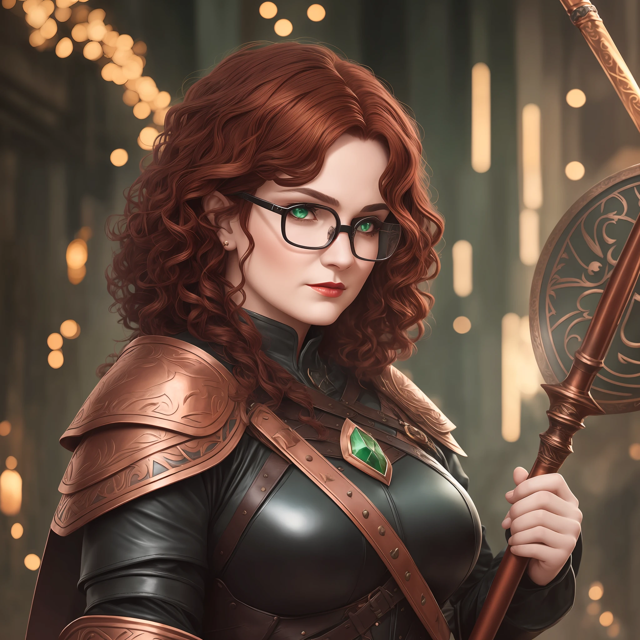 Wise, battle hardened and chubby round faced middle-aged female mage, donning glasses over her large almond-shaped dark green eyes. She wears black leather armor. Her dark brown and copper hair is short and curly, and she completes her look with a staff and a bold maroon red lipstick."