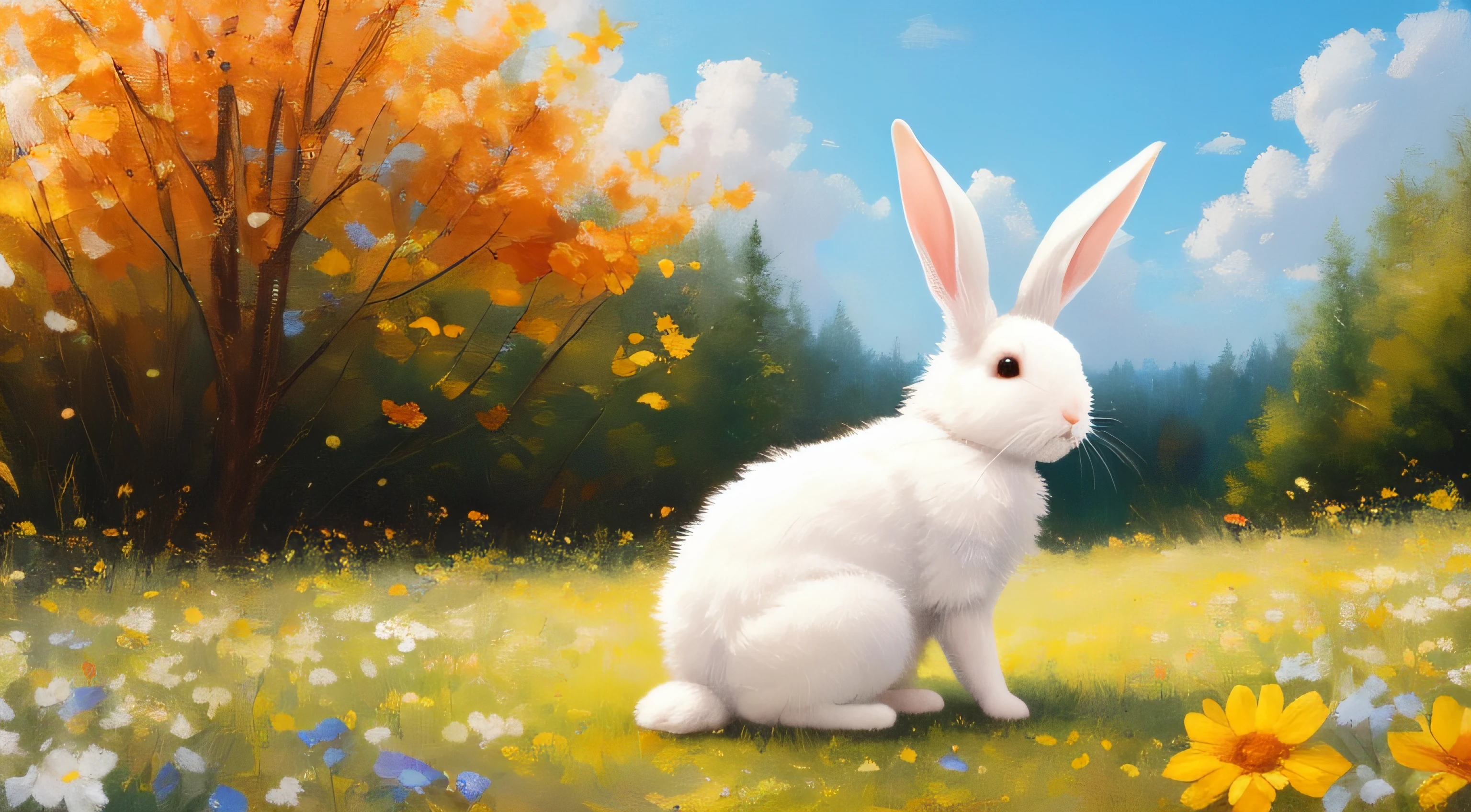 Adorable fluffy rabbit with big ears, sitting on the meadow, blue sky and lush summer forest background, super cute white bunny, hyper detailed, 32k resolution, oil on canvas, oil painting, highest quality, bright, sunny, colorful, summer day, ethereal, wall paper