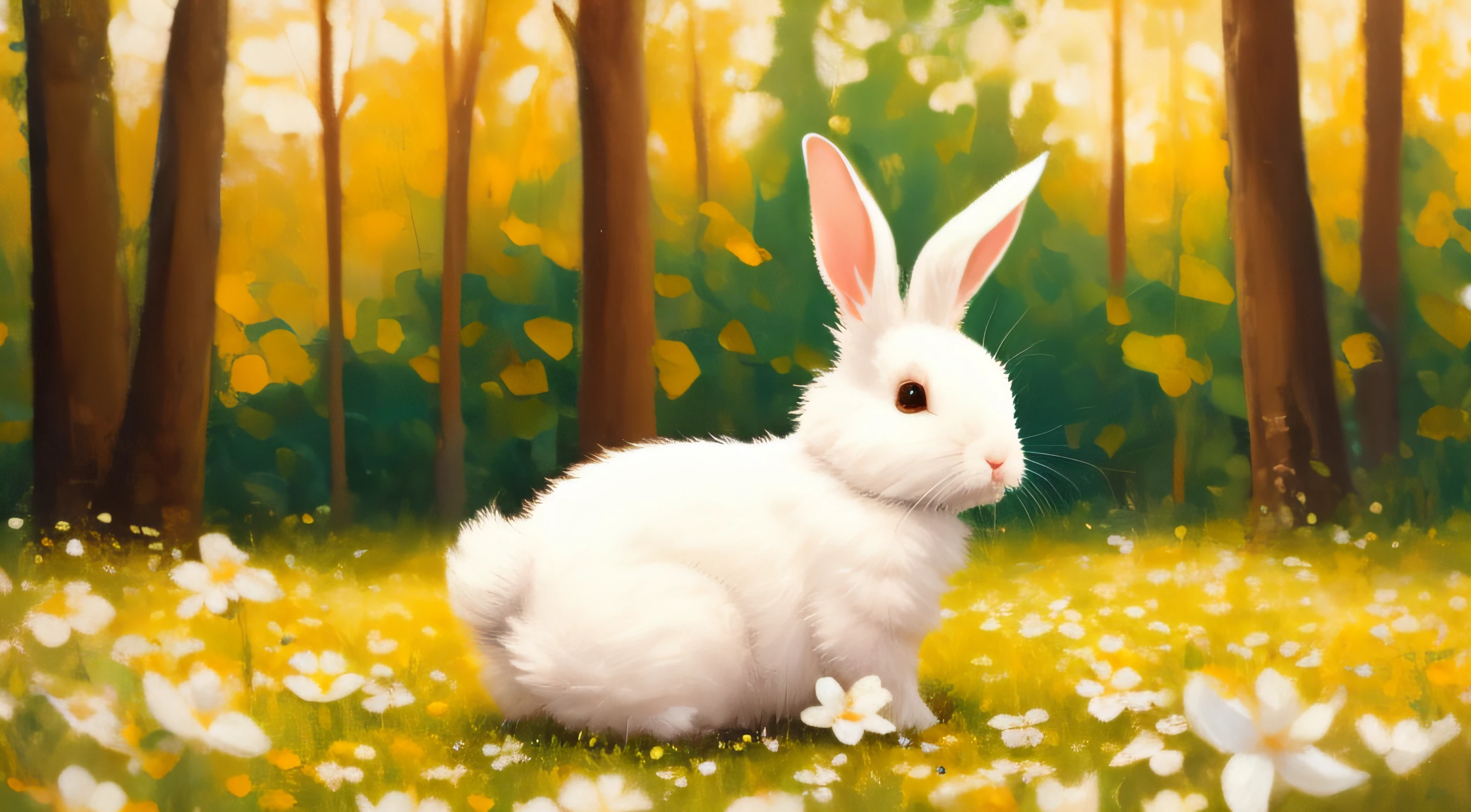 Adorable fluffy rabbit with big ears, sitting on the meadow, blue sky and lush summer forest background, super cute white bunny, hyper detailed, 32k resolution, oil on canvas, oil painting, highest quality, bright, sunny, colorful, summer day, ethereal, wall paper