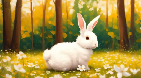 Adorable fluffy rabbit with big ears, sitting on the meadow, blue sky and lush summer forest background, super cute white bunny,...