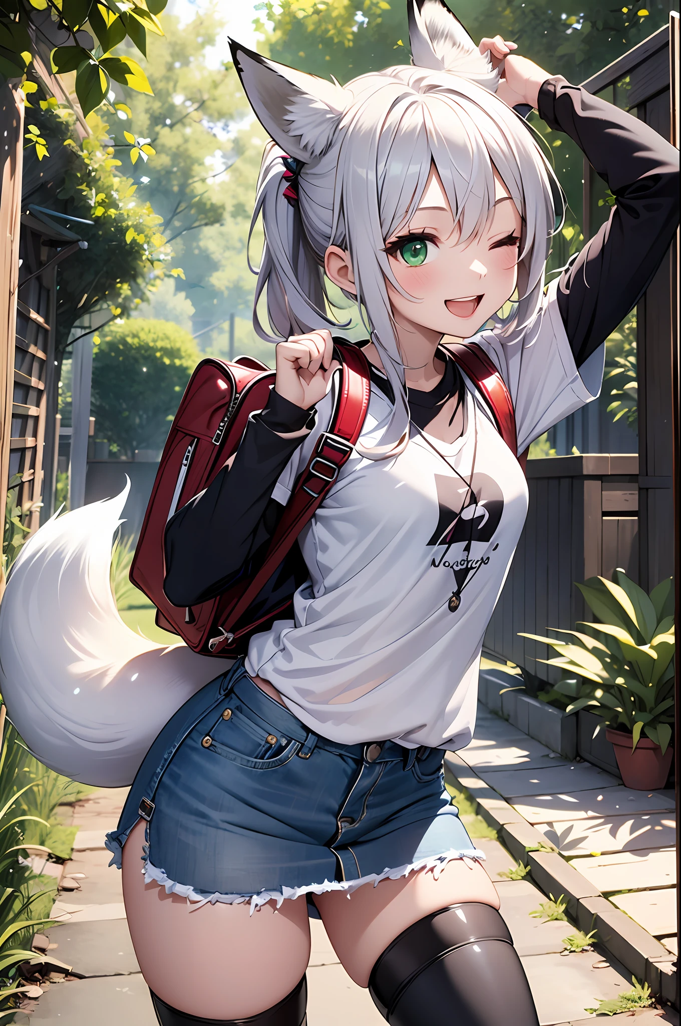 (top-quality、8K、32K、​masterpiece、UHD:1.2)、beauitful face、pov、blurry backround、10 year old beautiful girl、shinny skin, (１The fox tail of the book grows:1.3)、Beautiful silver hair、poneyTail、Deep green eyes、Fox ears、Sheer T-shirt、Denim skirt、thighs thighs thighs thighs、long boots、Carrying a backpack、Carry Case、hair adornments、raise arms、Smile with open mouth、jumpping、(beautiful nipple slips:0.9)、one eye closed、