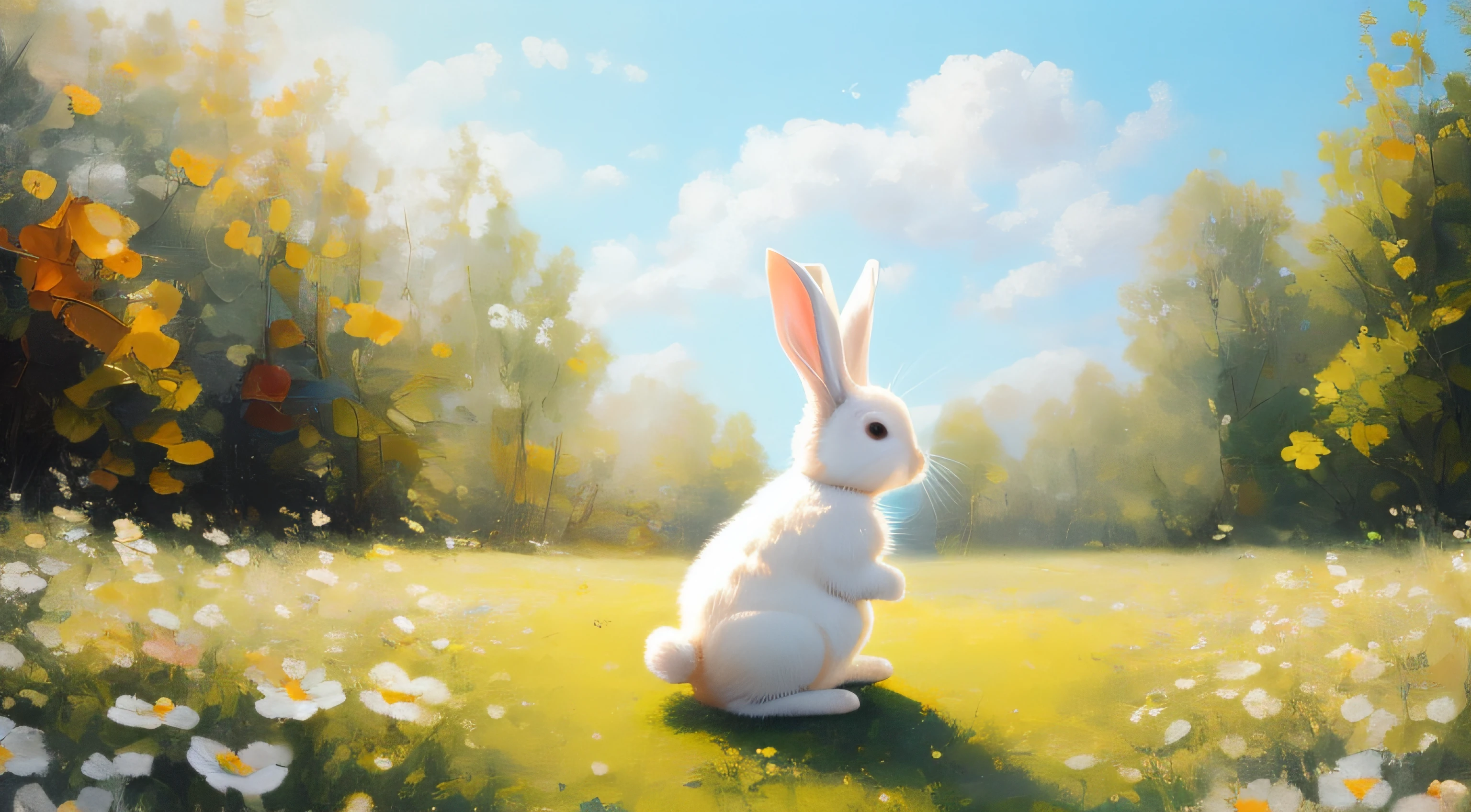 Adorable fluffy rabbit with big ears, sitting on the meadow, blue sky and lush summer forest background, super cute white bunny, hyper detailed, 32k resolution, oil on canvas, oil painting, highest quality, bright, sunny, colorful, summer day, ethereal, wall paper