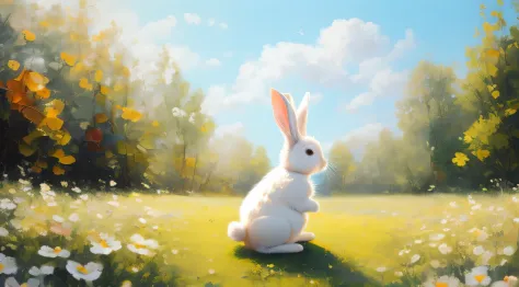 Adorable fluffy rabbit with big ears, sitting on the meadow, blue sky and lush summer forest background, super cute white bunny,...