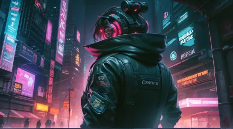 Uma imagem de um detetive cyberpunk, Vestido com uma roupa futurista e sedutora com tecnologia aprimorada, Navigating the neon-l...