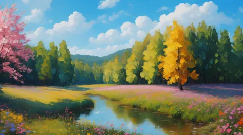 blue sky, stream, sunshine, summer meadow, trees, forest, oil on canvas, oil painting, bright, sunny, colorful, summer day, ethe...