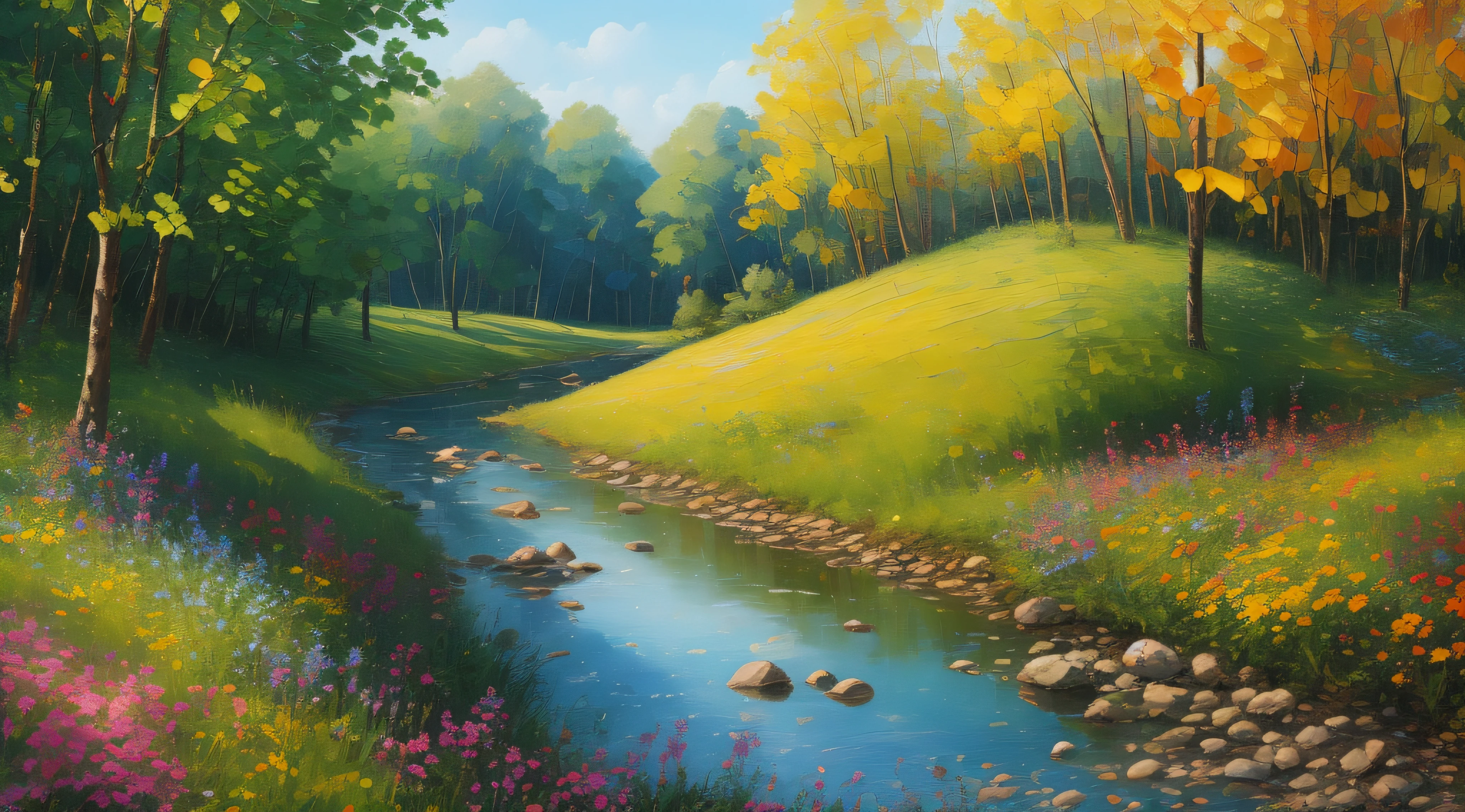 blue sky, stream, sunshine, summer meadow, trees, forest, oil on canvas, oil painting, bright, sunny, colorful, summer day, ethereal, wall paper, hyper detailed, 32k resolution, ultra quality