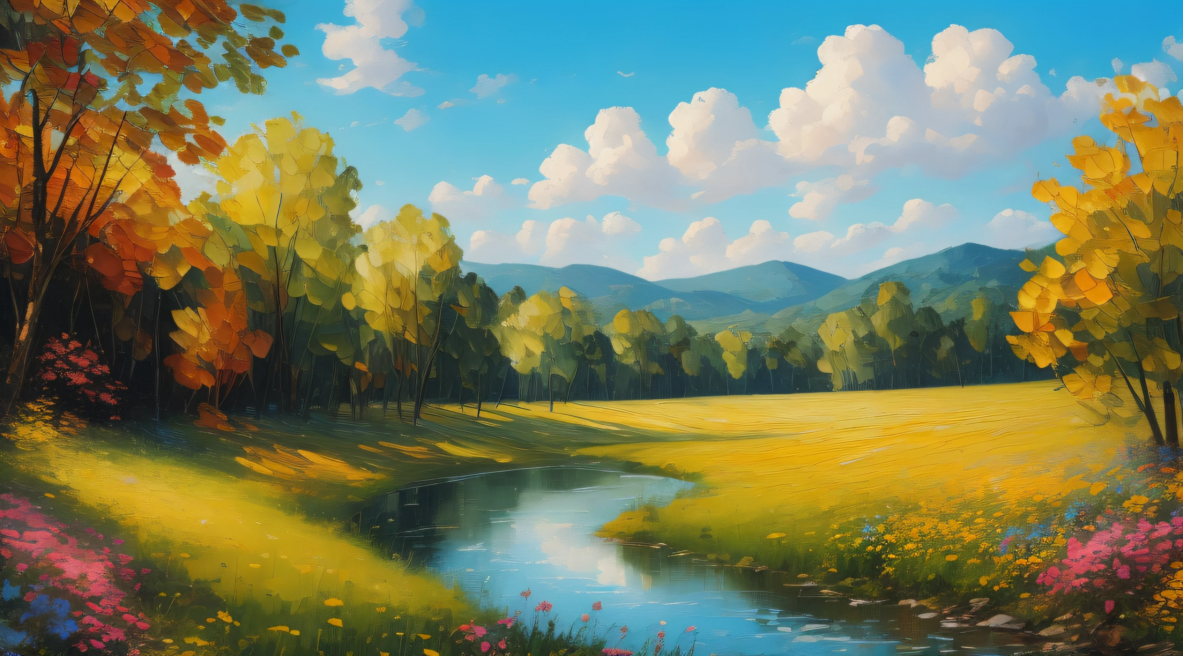 blue sky, stream, sunshine, summer meadow, trees, forest, oil on canvas, oil painting, bright, sunny, colorful, summer day, ethereal, wall paper, hyper detailed, 32k resolution, ultra quality