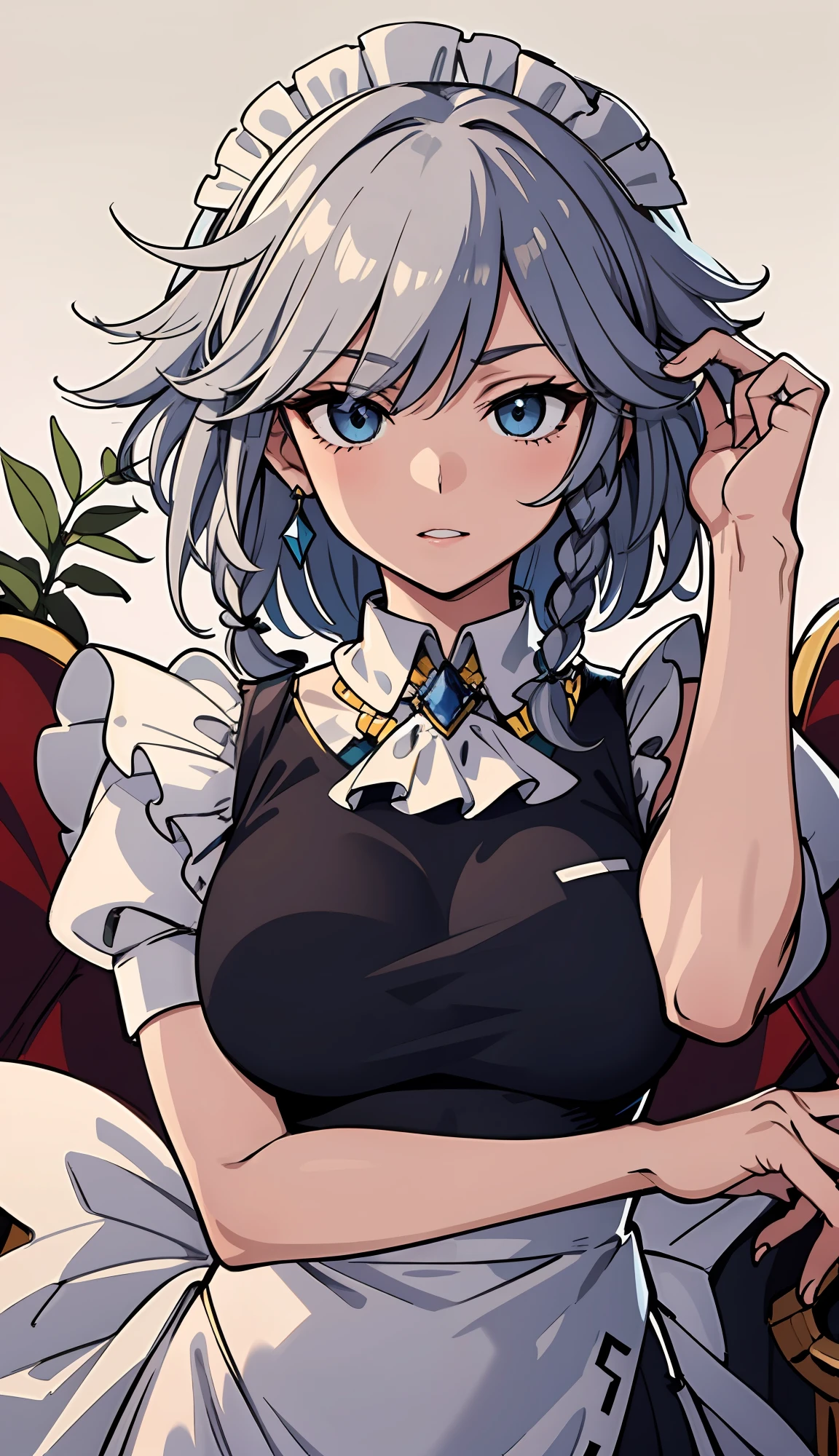 (Sakuya Izayoi), silver hair, blue eyes, (Masterpiece : 1,8), k quality, final fantasy artwork concept, detailed manga eyes, detailed hair, detailed clothes, detailed body, cleaner designs, detailed face pronounced, shiny objects like jewels, see creases on clothes, more coherent clothing, more rounded eyes transparent liquid globular, more colors, more coherent clothing , correct the features of the clothes, better eyes contour, better shoulders, really colorful, coarser line, black line, finishing . (coarser line) (black line) (homogeneous rendering: 1.3)