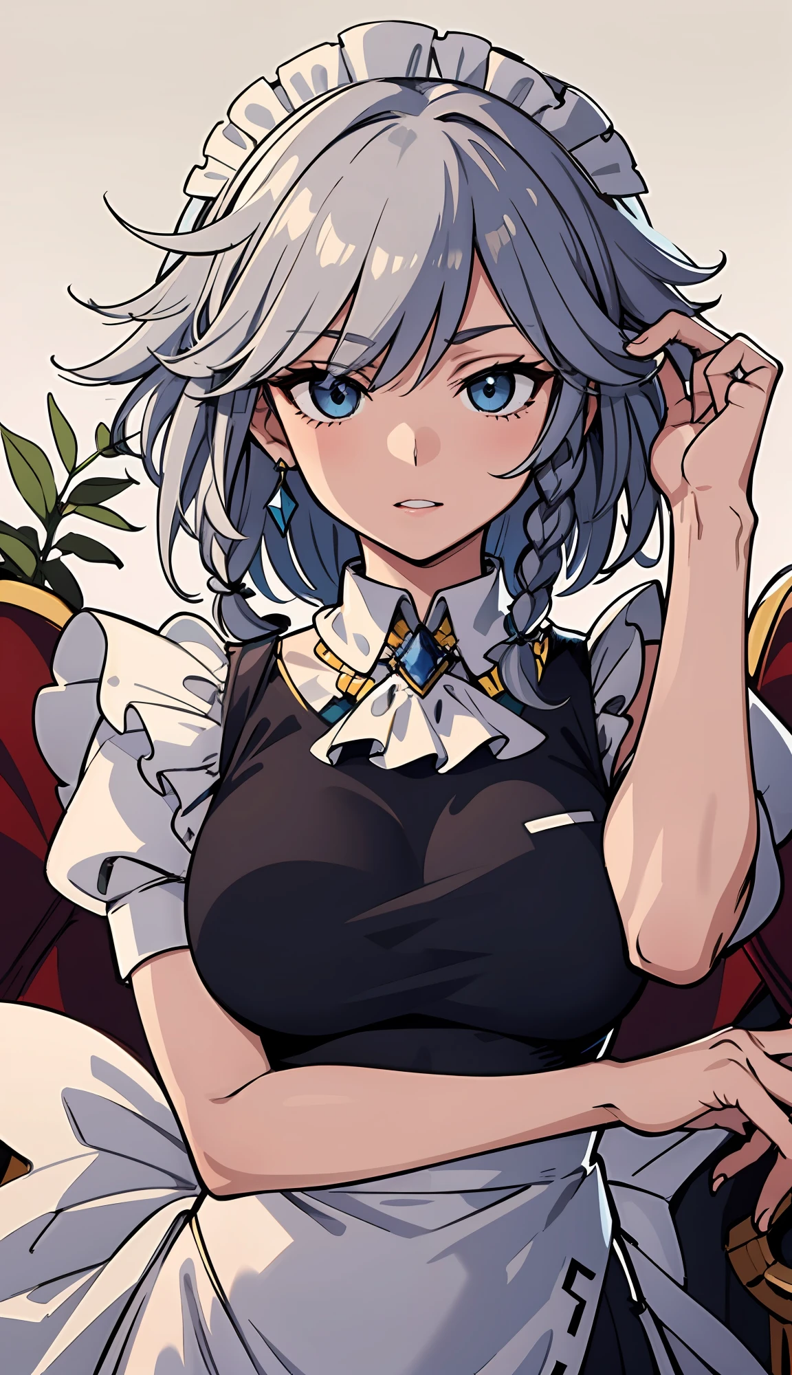 (Sakuya Izayoi), Cabello plateado, blue eyes, (obra maestra : 1,8), k calidad, concepto de arte de fantasía final, ojos manga detallados, Cabello detallado, ropa detallada, cuerpo detallado, diseños más limpios, cara detallada pronunciada, objetos brillantes como joyas, ver arrugas en la ropa, ropa más coherente, ojos más redondos líquido transparente globular, mas colores, ropa más coherente , corregir las características de la ropa, mejor contorno de ojos, mejores hombros, muy colorido, línea más gruesa, línea negro, refinamiento . (línea más gruesa) (línea negro) (renderizado homogéneo: 1.3)