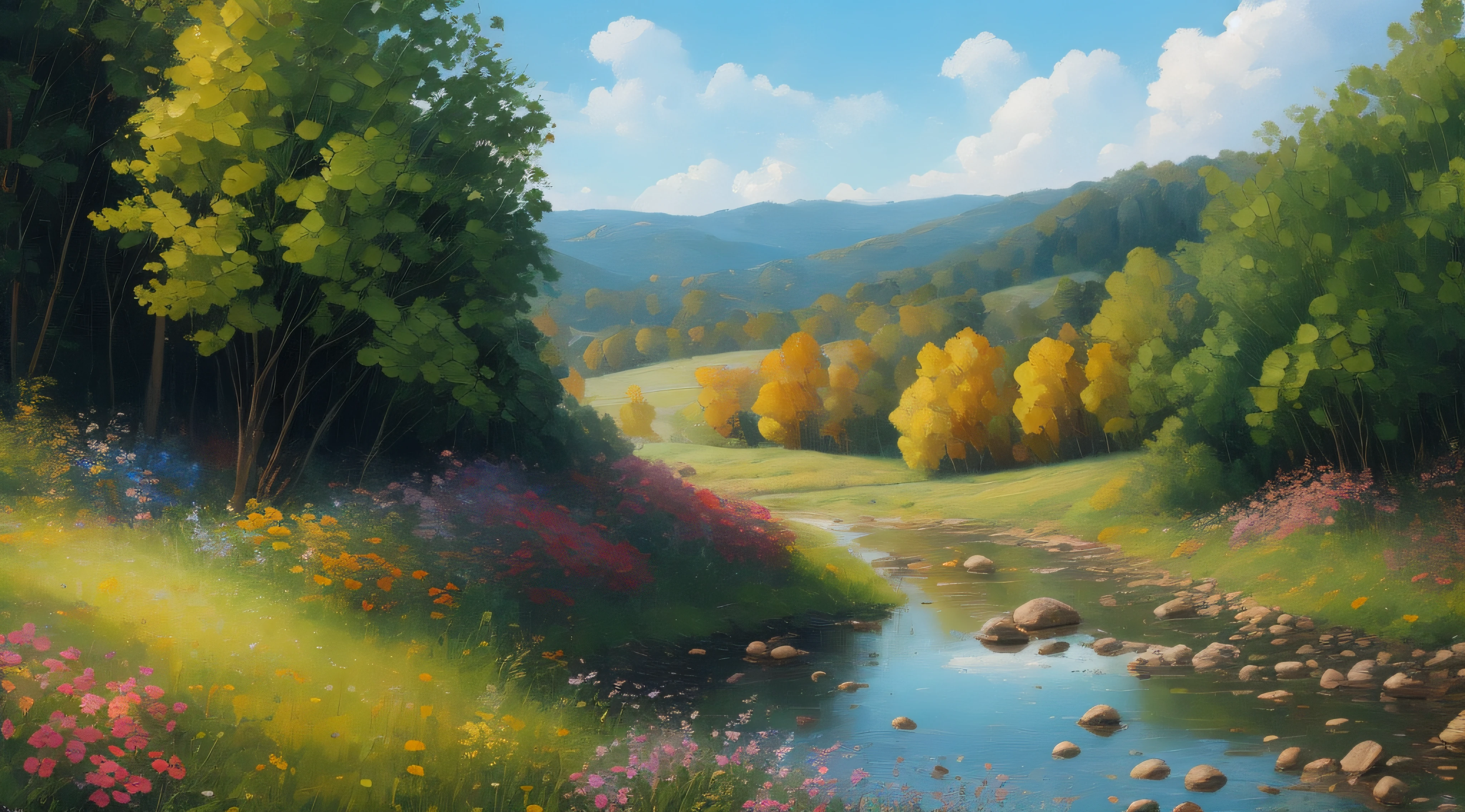 blue sky, stream, sunshine, summer meadow, trees, forest, oil on canvas, oil painting, bright, sunny, colorful, summer day, ethereal, wall paper, hyper detailed, 32k resolution, ultra quality