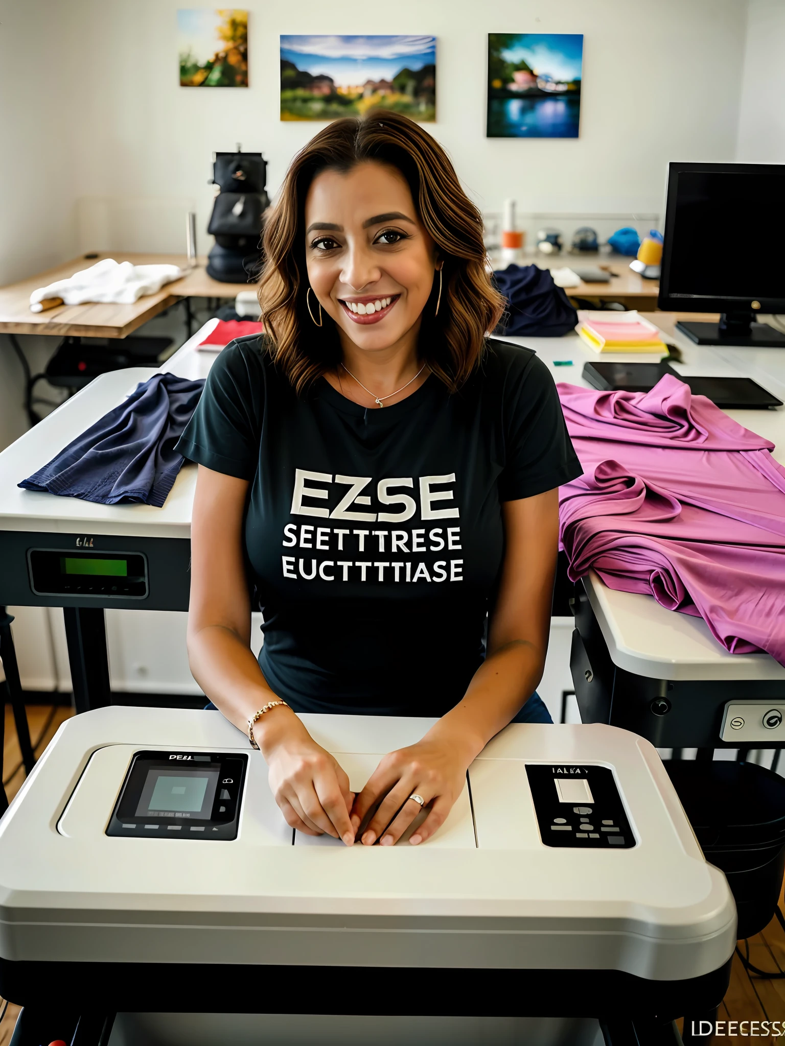 alta qualidade, obra-prima, 1girl, sozinho, melhor qualidade, realista, ((fotografia hiper-realista de uma linda mulher negra sorridente)), ((por volta de 38 anos de idade)), (((pele escura))), Brasileira, cabelos crespos na altura dos ombros, olhos castanhos escuros, (wide smile with very white tooth line on display), (usando uma blusa rosa claro sem estampa), with curvy mother's body, ((sitting on the domestic sewing machine in her studio)), costurando, Facing the camera squarely, cinematic lighthing, melhor qualidade, luz do dia, cores vividas, 8 mil,  olhando para o espectador, tiro direto , 4k, HDR. por (Tiago C. Christensen:1.2 | Jeremy Lipking:1.1).