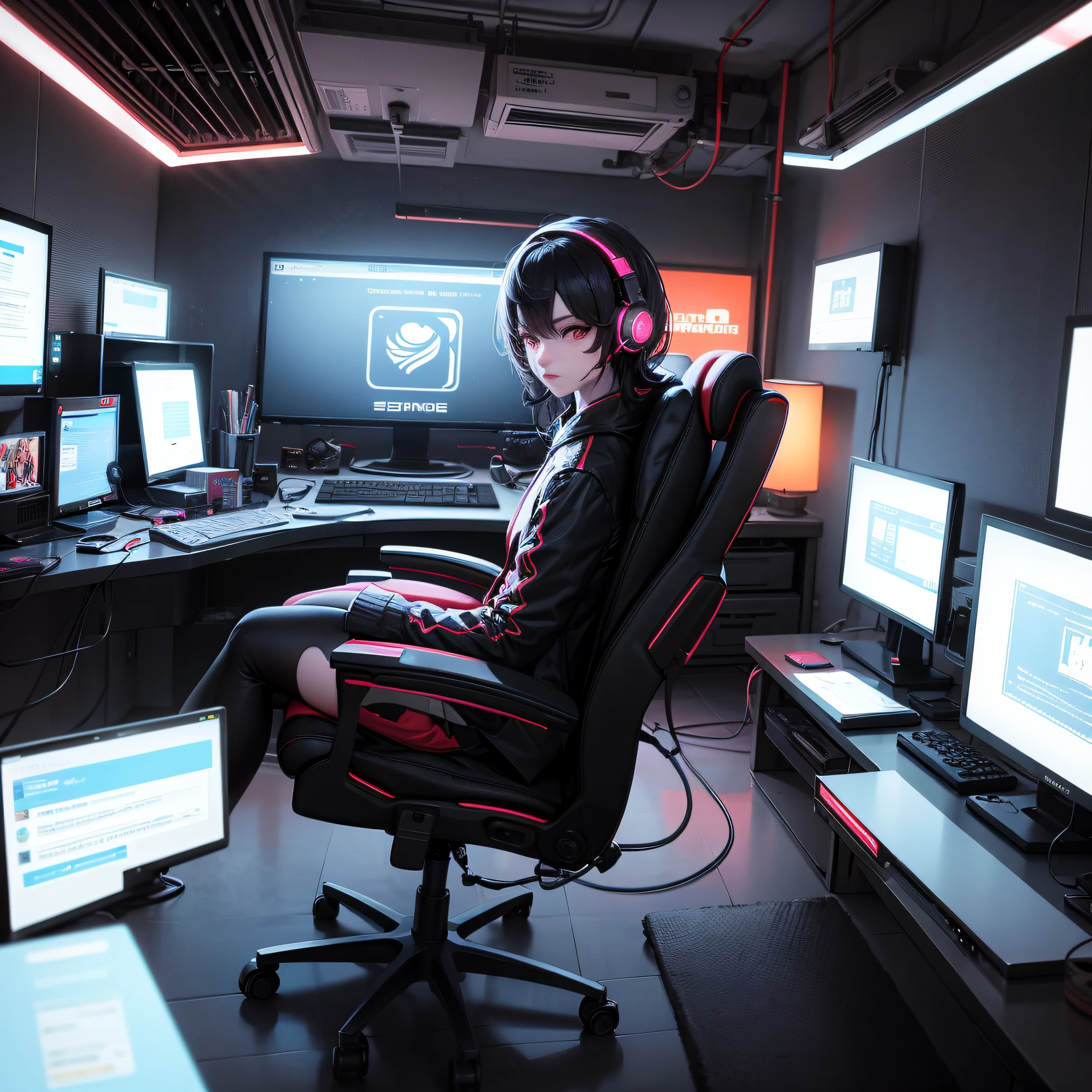 a gamer room with colored LEDs, realistic gaming computer, estante com livros, style anime 8k, digital cyberpunk anime art, cyberpunk setting, cyberpunk digital - arte realista cyberpunk, e-sport style, badass 8 k, arte estilo cyberpunk, Cybernetic style, best qualityer, very detailled