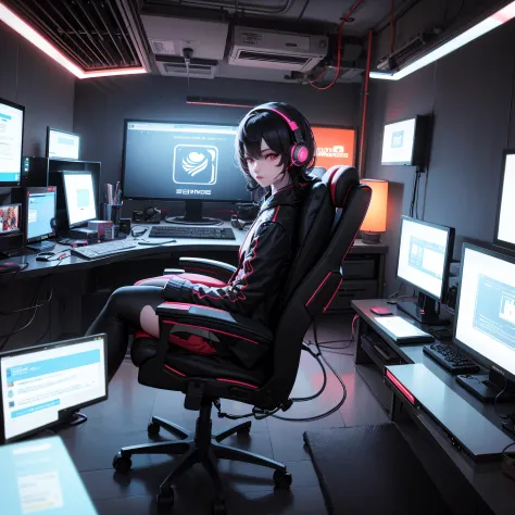 um quarto gamer com leds coloridos, computador gamer realista, estante com livros, estilo anime 8K, arte digital do anime cyberp...