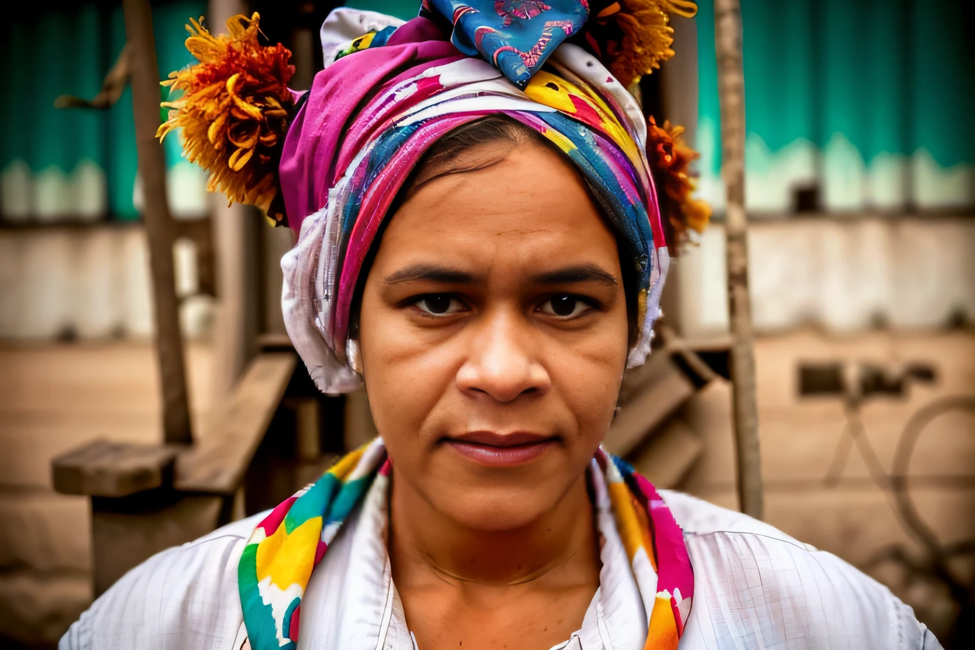 Arafed woman with a colorful head scarf and a colorful scarf - SeaArt AI