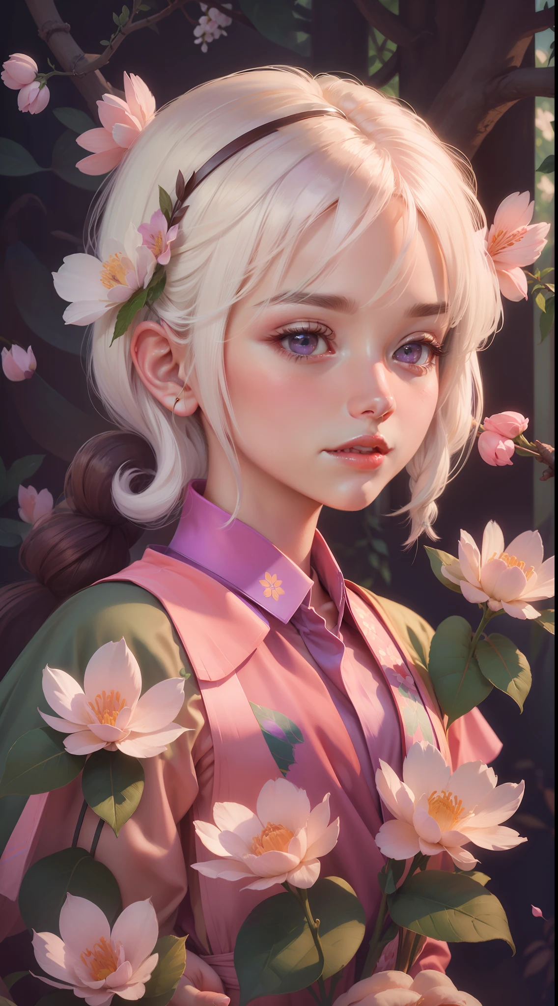 The highest quality, masterpiece, exquisite CG, white hair antique girl, delicate and complex hair accessories, wearing exquisite and gorgeous pink and purple costumes, highlight, withering peach blossom petals, absolutely beautiful, charming, perfect, ultra-clear, 16k, HD