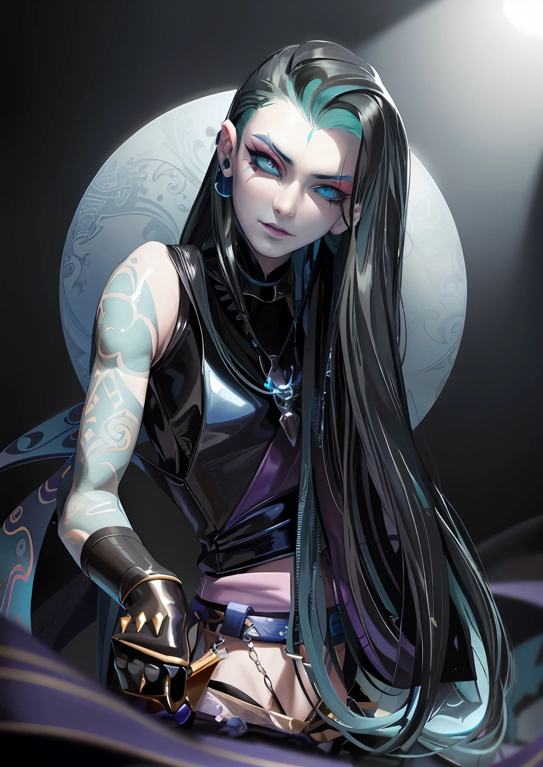 Close-up of a man with long blue hair and tattoos, portrait of jinx from arcane, jinx from arcane, 2 d anime style, jinx from league of legends, jinx expression, inked and colored, 1 7 - year - old anime goth girl, anime style character, artgasm, jinx face, beautiful blue-haired girl, jet black haired cyberpunk girl